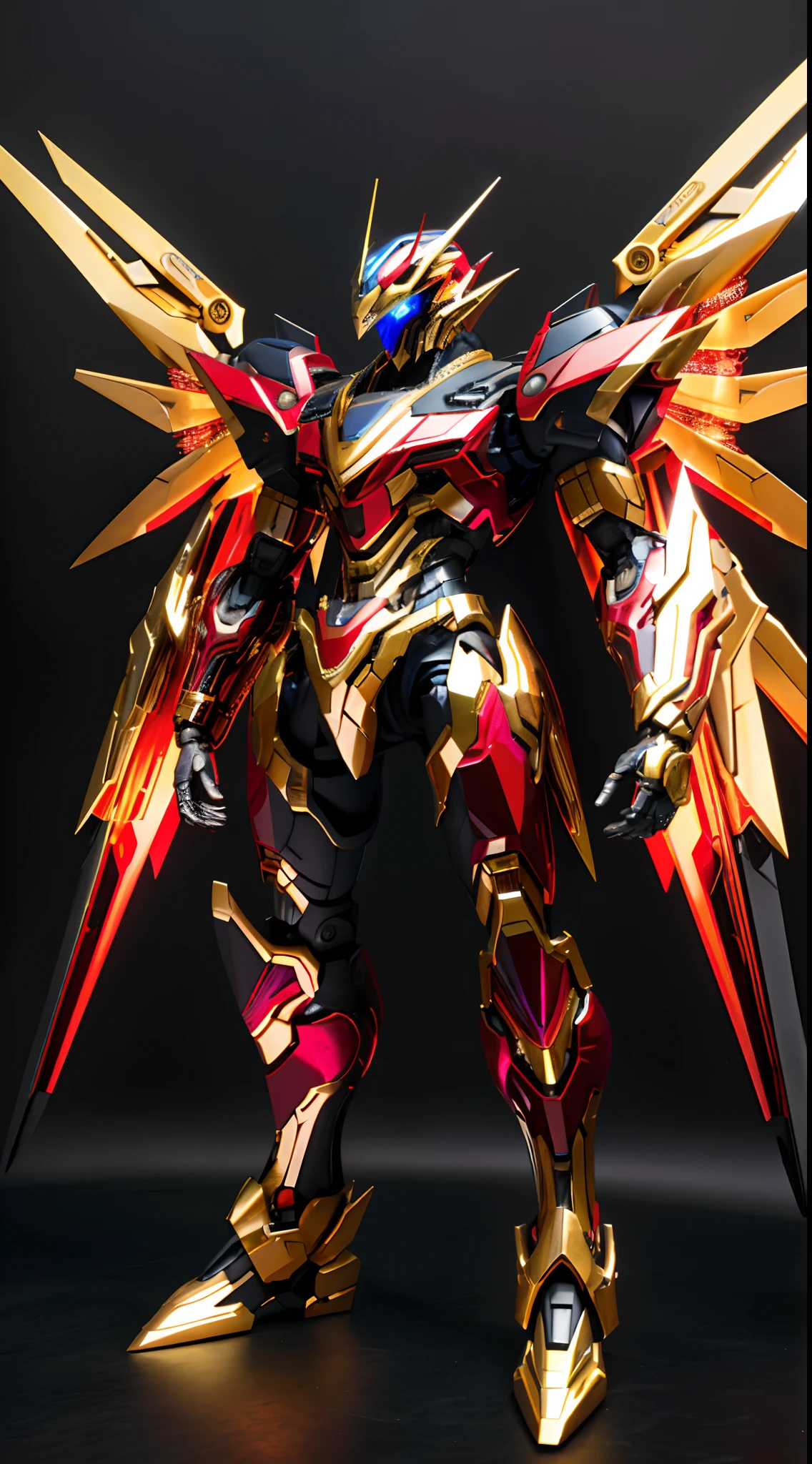 robot, top quality, high definition, ultra detail, masterpiece, 8K wallpaper, full body gold metallic, blue eyes, absurdity, high resolution, ultra-fine illustration, absurdity, solo, game cg, lord, night, (black light: 1), (detailed beautiful face and eyes: 1.0), (full body feminine form: 1.5), command spell, mecha girl, mask, mechanical parts, robot joint, , full armor, (full body:1.5), shining eyes, mechs, standing and holding rifles, watching the viewer, skinny, mechanical wings, (aircraft called red comet)), ((sleek armor)), aircraft that can fight for 100 years,