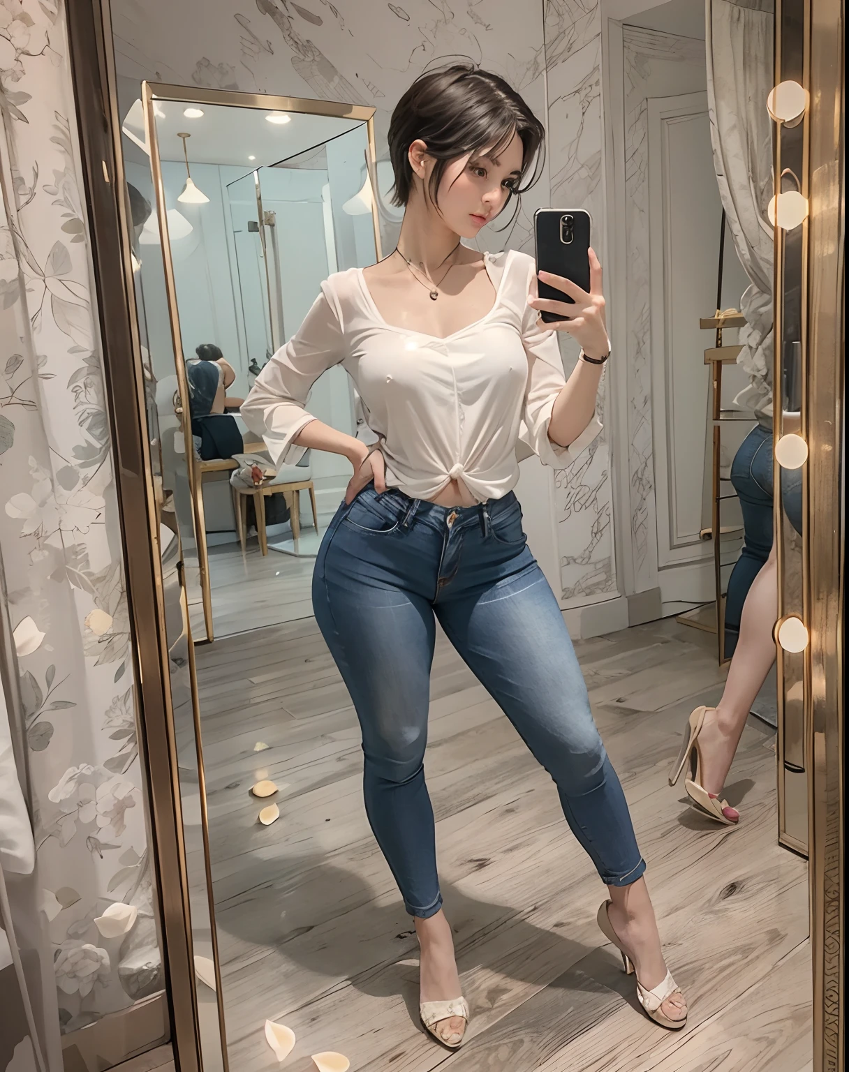 A beautiful girl taking a selfie in the mirror, selfie, holding a phone, hourglass body shape, short pixie haircut, wearing a thight light blouse, jeans, sexy, (shy pose:1.3), masterpiece, best quality