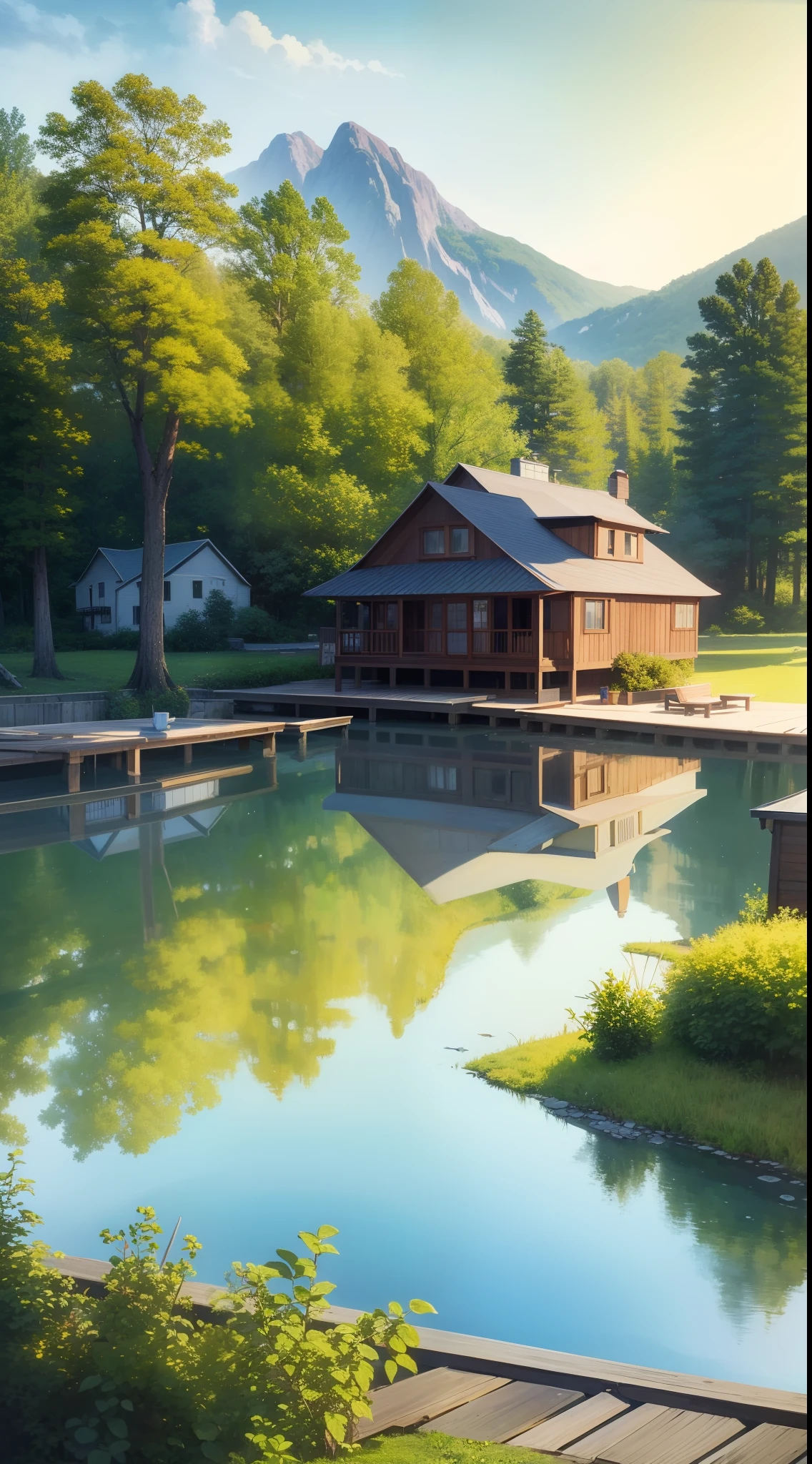 painting of a boat docked at a dock with a house on the shore, lake house, beautiful artist rendering, beautiful detailed scene, beautiful rendering, idyllic cottage, by Stan Stokes, beautiful painting, log cabin, by Howard Lyon, wooden cottage, calm evening, peaceful scene, detailed realistic painting, detailed 4 k oil painting, highly detailed painting, scenery art detailed