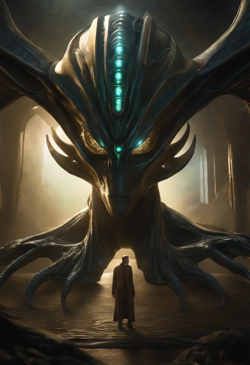 alien possesses amazing humanoid traits, with facial features that recall the beauty of the human being, mas com um exuberante, Pointed elf ear that gives him an even more enigmatic appearance.
He wears a futuristic suit that adapts instantly to the conditions of the environment, making it invisible when needed. He uses alien cybernetic implants that fuse with his body organically, allowing it to connect directly to the intergalactic information network.
Inside the healing alien light chamber, the Prismatic Xenomorph experiences a transcendental transformation, as your consciousness expands beyond the boundaries of space and time. He unlocks the secrets of the multiverse through his almond pupil, which becomes a portal to other dimensions.
Enquanto isso, Your alien companion, um ser de energia pura e serenamente transparente, observa a cena, emanating an aura of calm and cosmic wisdom.
While the Prismatic Xenomorph connects with the ancestral wisdom of its alien people, The lab itself comes to life, with ever-changing fractal geometry and moving holographic landscapes, creating a truly surreal and enigmatic environment.
In this alien setting, The impossible becomes possible, and the boundary between reality and science fiction dissolves into a cosmic dance of color, sons e ideias, challenging all conventional notions of what is real and imaginary."