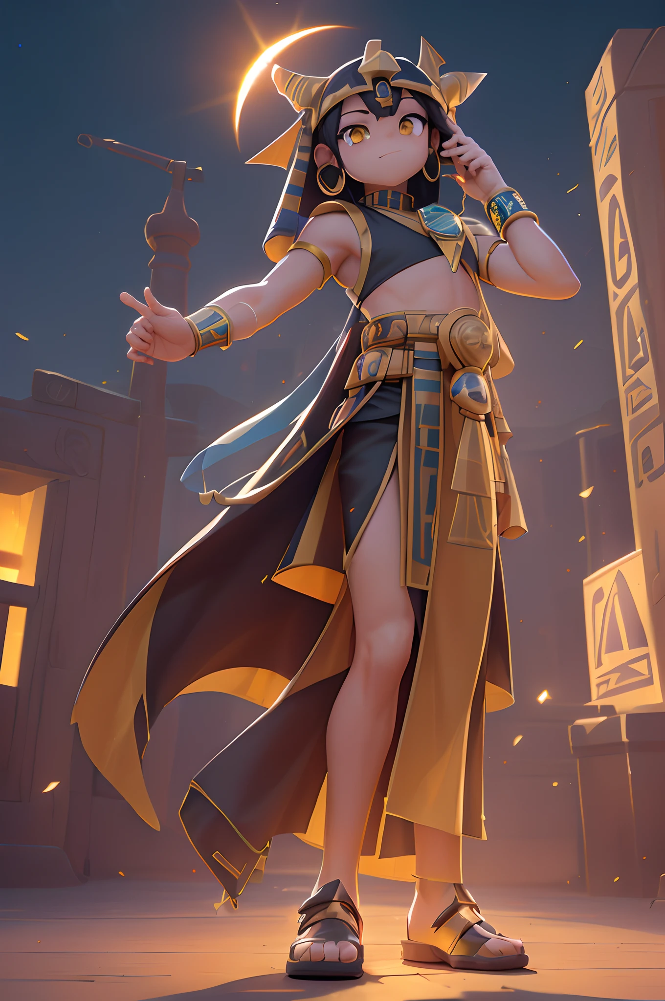 (Dynamic Angle:1.4), ((Full body posing:1.5), (Colorful:1.2), (Highly detailed CG Unity 16K wallpaper:1.1), (Denoising strength: 1.45), (tmasterpiece:1.37), ((Official art)), of the highest quality, (Realistic), Male child, (Short-cut hair:1.2),(Costume of Sun God Ra:1.5),Golden hair,Glowing eyes,(yellow eyes:1.2),((Poses in motion:1.4)),((Costume of Sun God Ra:1.3)),wires, (LED:1.3), (a hologram:1.2),(The sun overhead:1.3), futuristic city street, highrise buildings, (Night:1.2), (Rainbow Model:1.2), 8K resolution, (Anime style:1.3), Cinematic lighting, chromatic abberation, spark of light, Ray tracing, blending, ultra wide-angle, Hasselblad, (masutepiece), (masutepiece), ((Best Quality)), ((masutepiece)), nffsw