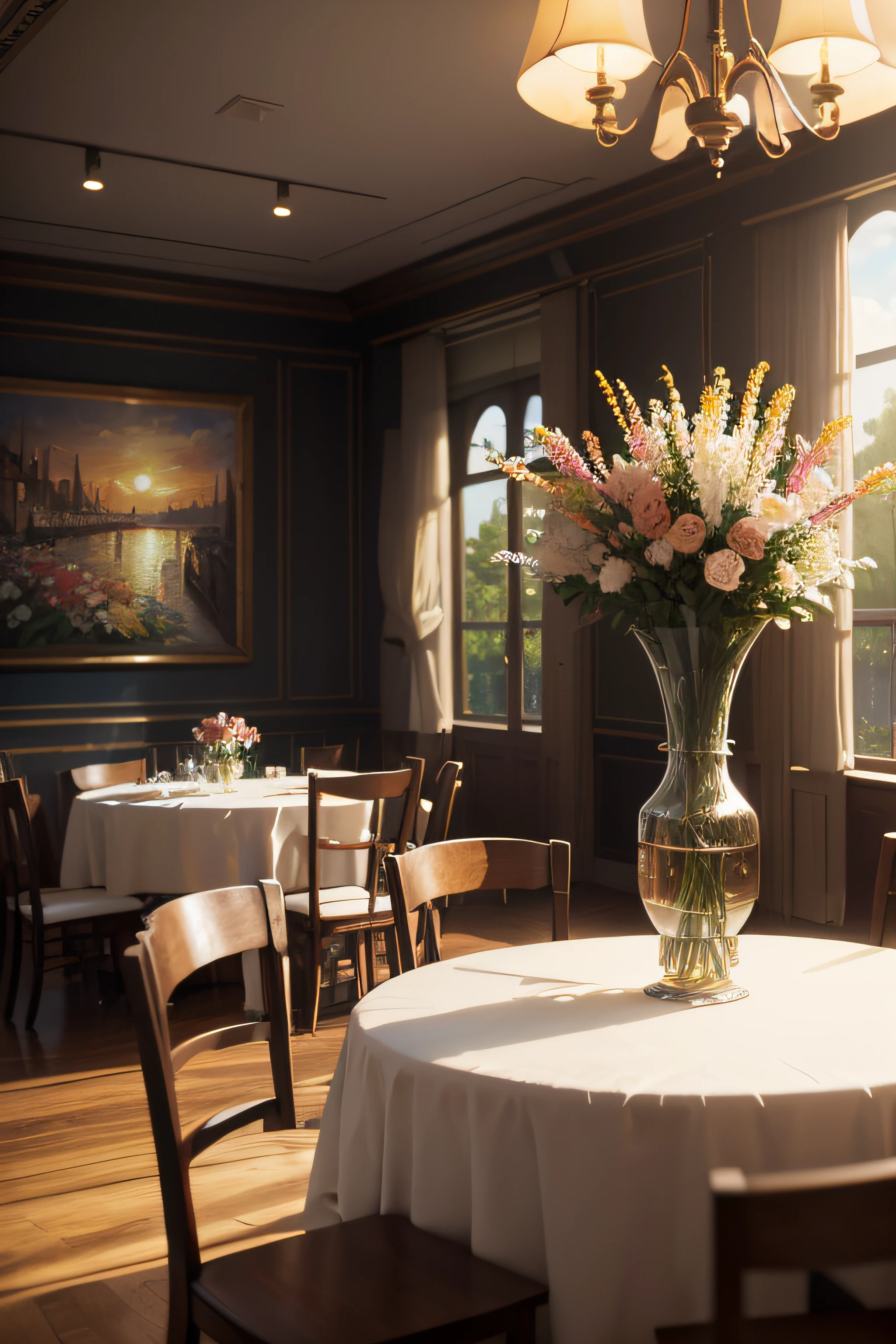 Oil painting of a sunset in a Mediterranean city by the sea, con muchas flores y sin personas, La tarde es lluviosa se alcanza a ver el sol, Elegant atmosphere, muchos detalles, Render Lumion 8K, Renderizar la arquitectura del motor irreal, muchos detalles, Yellow cinematic lighting in warm tones, Image in the style of an impressionist oil painting, Muchá, Manet Cézanne. (((muchas flores))), with several classic tables and chairs, Manteles elegantes con arreglos florales de varios colores en las mesas, Art Deco atmosphere with a large window through which to see a tree and the Eiffel Tower, Elegant atmosphere, Muchoos detalles, Lumion 8K Render, Renderizar la arquitectura del motor irreal, Muchoos detalles, Romantic cinematic lighting in warm tones, Image in the style of an impressionist oil painting, Mucho, Manet Cézanne,