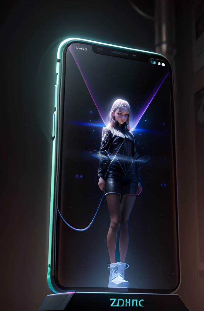 Girl standing on smartphone screen, Hologram by Janna Bauk, trending on zbrush central, holography, a hologram, Holographic Creatures, Holographic projection, Data holograms, Cinematic hologram, a hologram, Giant hologram, Holographic Display Lens, Holographic interface, handwriting
