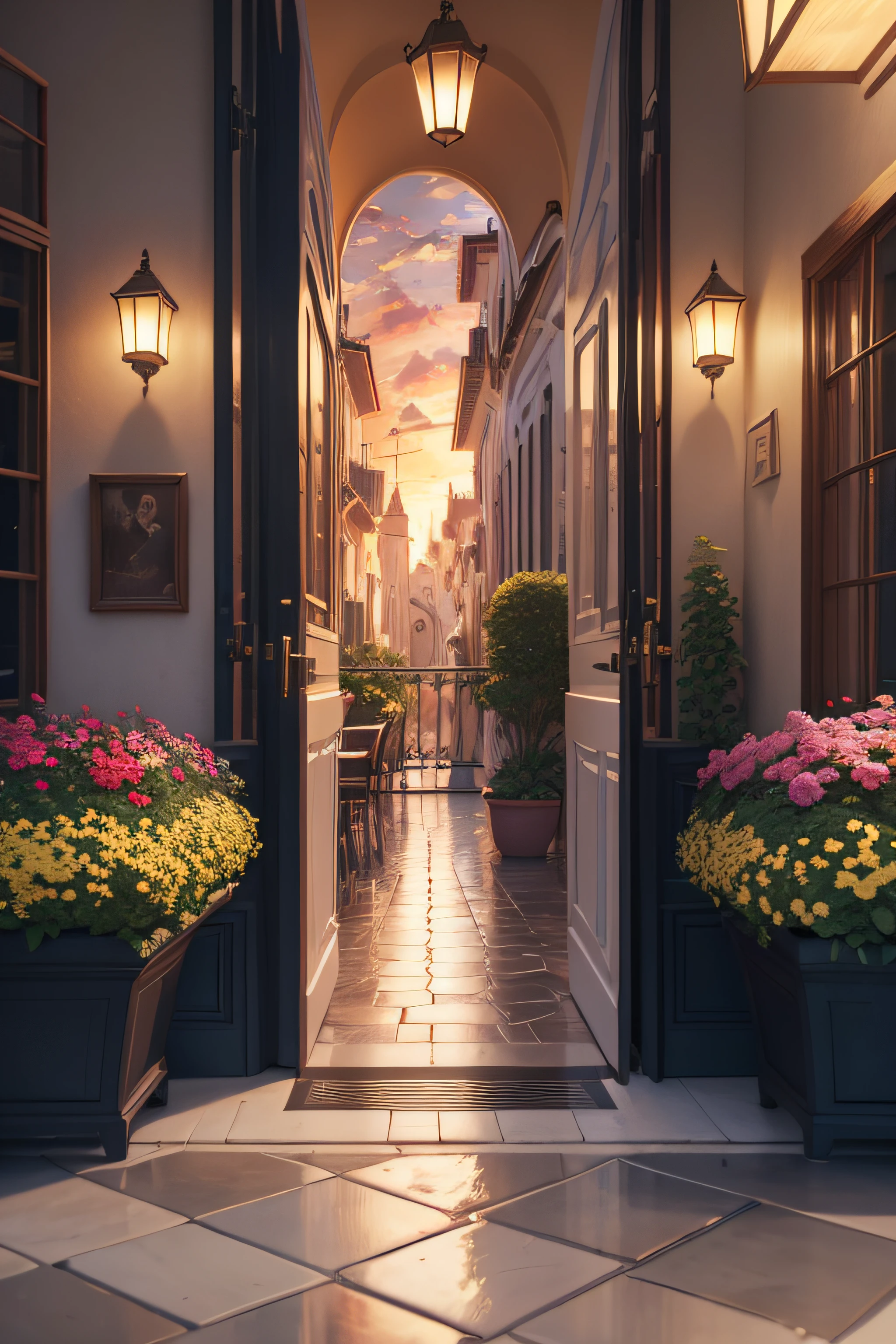 Oil painting of a sunset in a Mediterranean city by the sea, con muchas flores y sin personas, La tarde es lluviosa se alcanza a ver el sol, Elegant atmosphere, muchos detalles, Render Lumion 8K, Renderizar la arquitectura del motor irreal, muchos detalles, Yellow cinematic lighting in warm tones, Image in the style of an impressionist oil painting, Muchá, Manet Cézanne. (((muchas flores))), with several classic tables and chairs, Manteles elegantes con arreglos florales de varios colores en las mesas, Art Deco atmosphere with a large window through which to see a tree and the Eiffel Tower, Elegant atmosphere, Muchoos detalles, Lumion 8K Render, Renderizar la arquitectura del motor irreal, Muchoos detalles, Romantic cinematic lighting in warm tones, Image in the style of an impressionist oil painting, Mucho, Manet Cézanne,