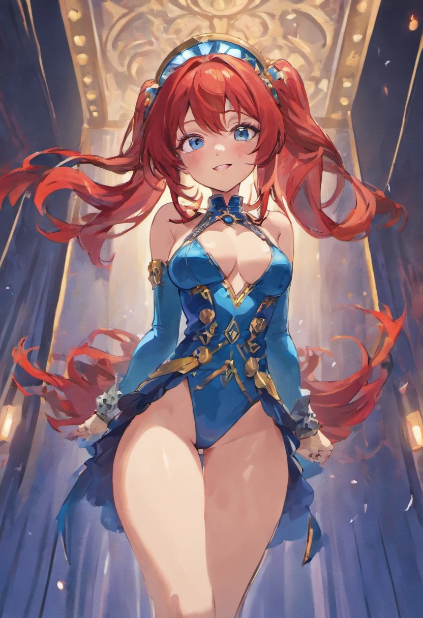 1milf, long red hair, blue eyes, wearing garter belt, seductive smile, in club, futanari, absurdes, high res, ultrasharp, 8K, masterpiece, looking at viewer