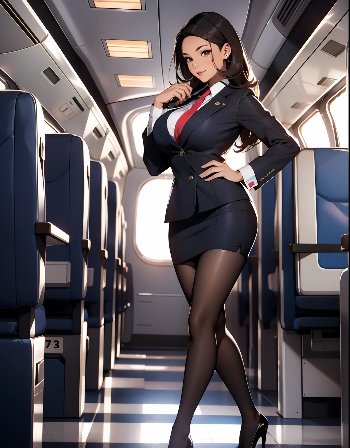 Stewardess,Wear flight attendant clothes,A beautiful full body girl,with fair skin,cabelos preto e longos,24 years of age,busty figure,short skirt,Super sexy scene,facial closeups