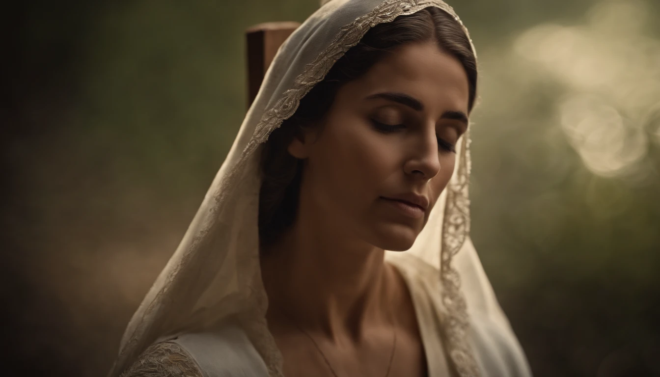 nossa senhora. MARIA, mother of Jesus, at the foot of the cross of Jesus Christ., olhando para o espectador