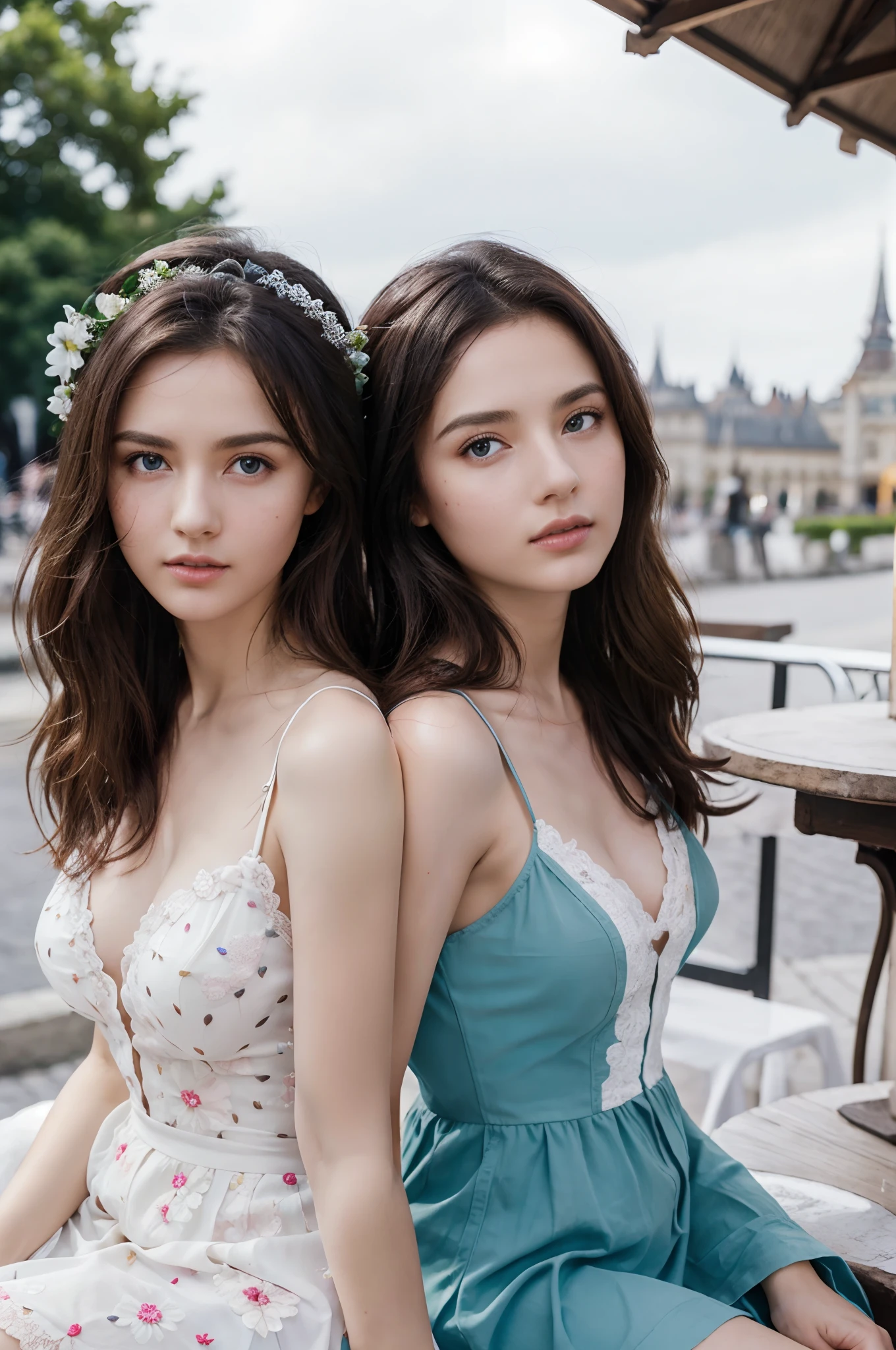 primitive,, (((Two girls,duo,caressing the))),Nikon Z 85mm, award-winning glamorous photography,((Best quality)), ((Masterpiece)), ((Realistic)), 18th century, Vintage image, Beautiful French woman wears, Lace dress, Wearing a crown, 25 years, (Long brown hair), Brown eyes, (Large breasts), Sitting outside a café in Paris, Dream castle in the background, small, ((Small breasts)), Innocent, Flower pedal in the air,  ((freckle)), Intricate details, Highly detailed, Sharp focus, professional, 4K, spring flowers blooming, divine rays, Hand model, stunning blue eyes, small, Delicate, Innocent, high resolution, Detailed facial features, High detail, Sharp focus, smooth, Aesthetic, Extremely detailed, photore_\(Supergianthugebreasts\), Photorealistic, Realistic, Post-processing, Maximum detail, Roughness, Real life, Ultra photo realsisim, Photorealism, Photography, 8K  UHD, Photography, light SEMI-SILHOUETTE, russian face