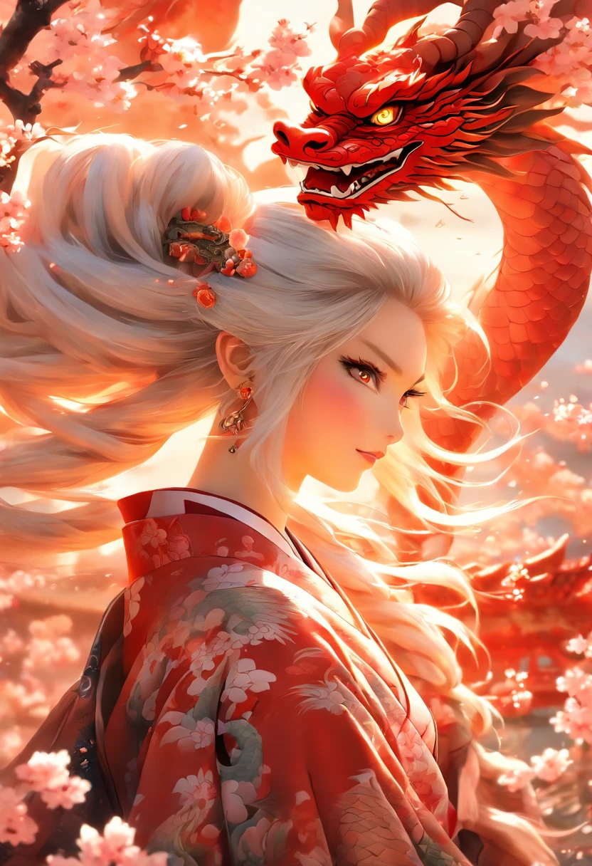 The most beautiful and sexy dragon princess, long white hair, red eyes, wearing the most beautiful and highly detailed kimono, tons of tattoos and piercings, with the most powerful and destructive mythological Japanese dragon in the background, cherry blossoms blowing in the wind, highly detailed background, perfect masterpiece, high quality, high resolution