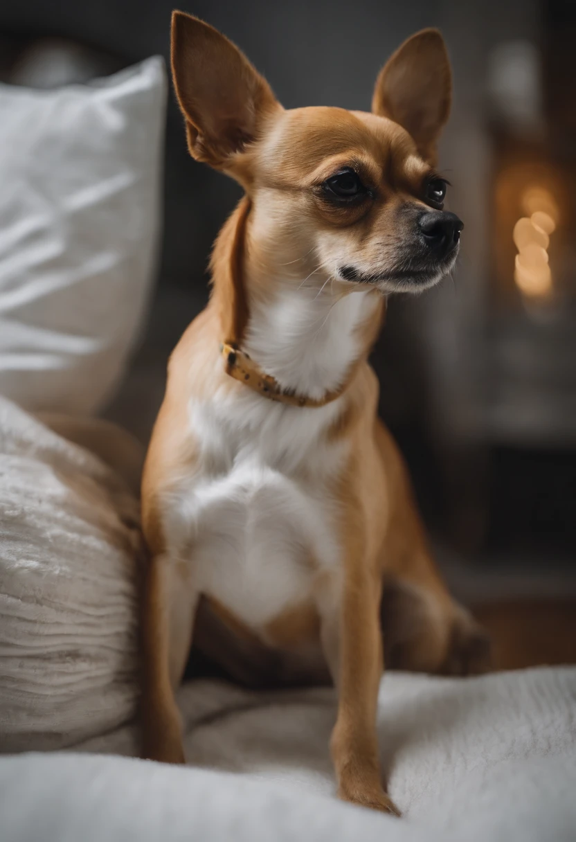 Crie um chihuahua branco de pijama amarelo deitado na cama qualidade 8k