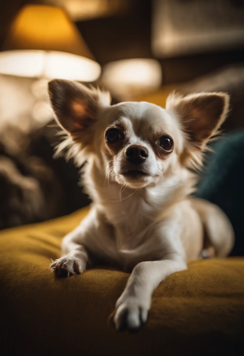 Crie um chihuahua branco de pijama amarelo deitado na cama qualidade 8k