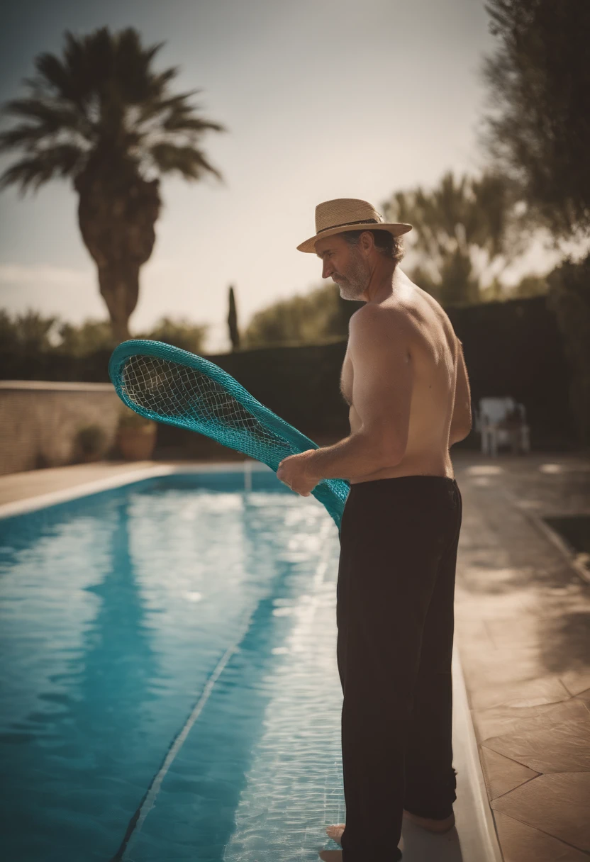 A man standing by a swimming pool holding a pool net