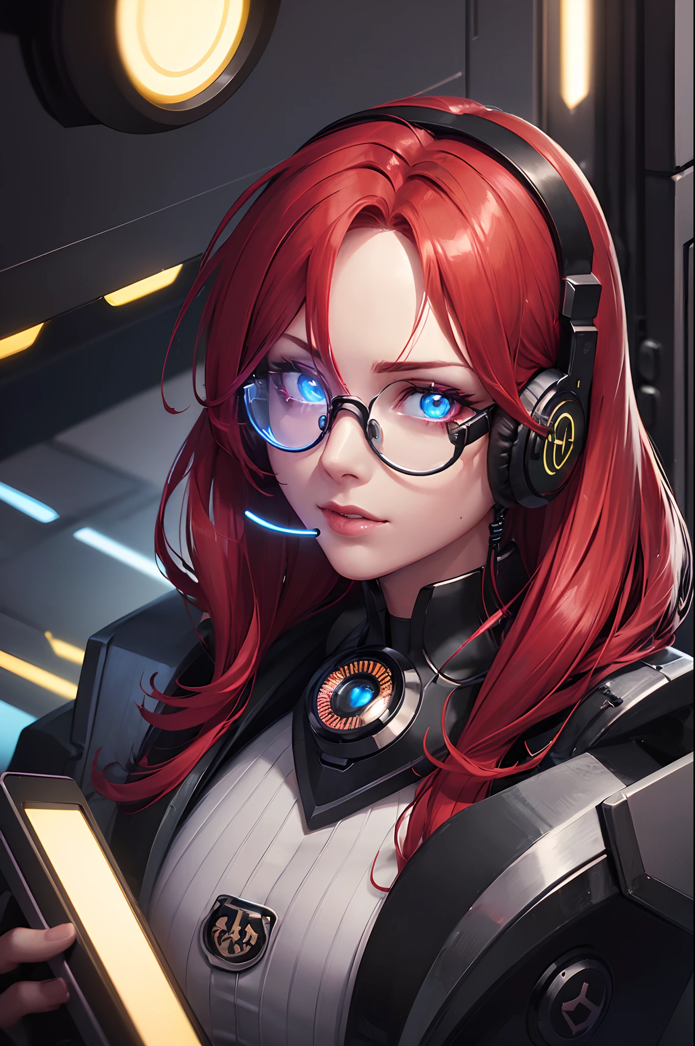 (high tech futuristic phone headset with single high tech lens monitor in shape of goggles futuristic with glowing lights:1.2),(irish super model long red hair), (high-tech, futuristic:1.1), (cyberpunk:1.1), (close-up:1.1), (portrait:1.05), (dramatic lighting:1.1), (vivid colors:1.05), (metallic materials:1.1), (detailed facial features:1.1), (sharp focus:1.1), (retro-futuristic scenery:1.1), (edgy fashion:1.1), (phone headset with single monocle lens glasses with glowing lights:1.2), (glowing circuitry patterns:1.1)