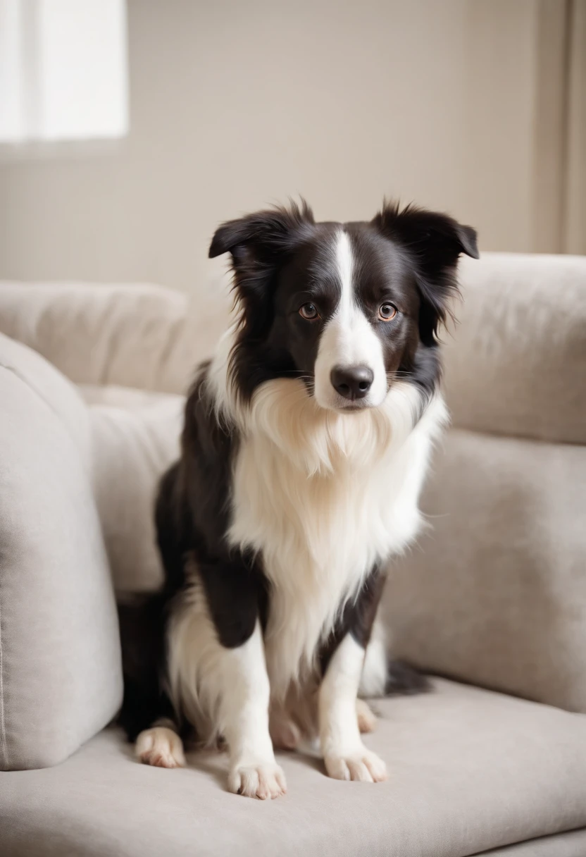 crie uma border collie femea cuidando de seus 3 filhotes em uma sala de estar requintada e com uma mulher nessa mesma sala sentada em um sofa observando a cena com um olhar harmonico.