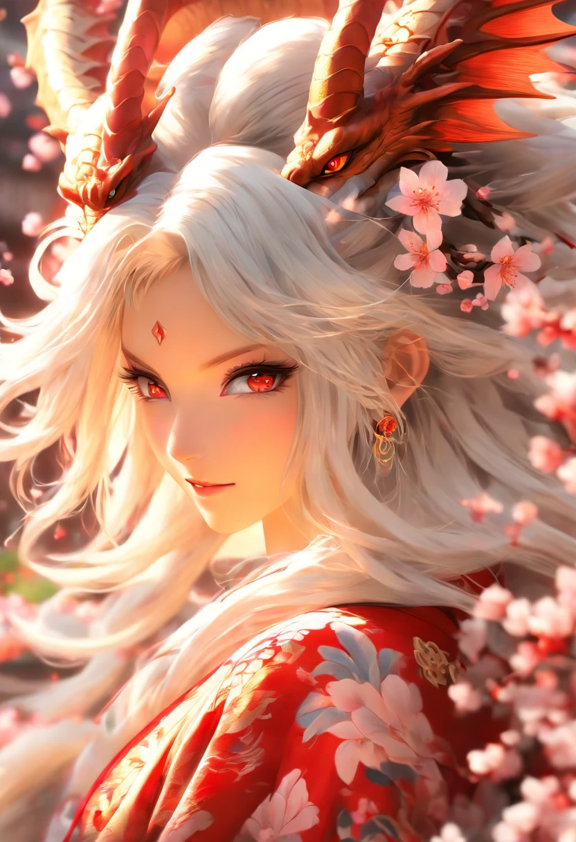 The most beautiful and sexy dragon princess, long white hair, red eyes, wearing the most beautiful and highly detailed kimono, tons of tattoos and piercings, cherry blossoms blowing in the wind, highly detailed background, perfect masterpiece, high quality, high resolution