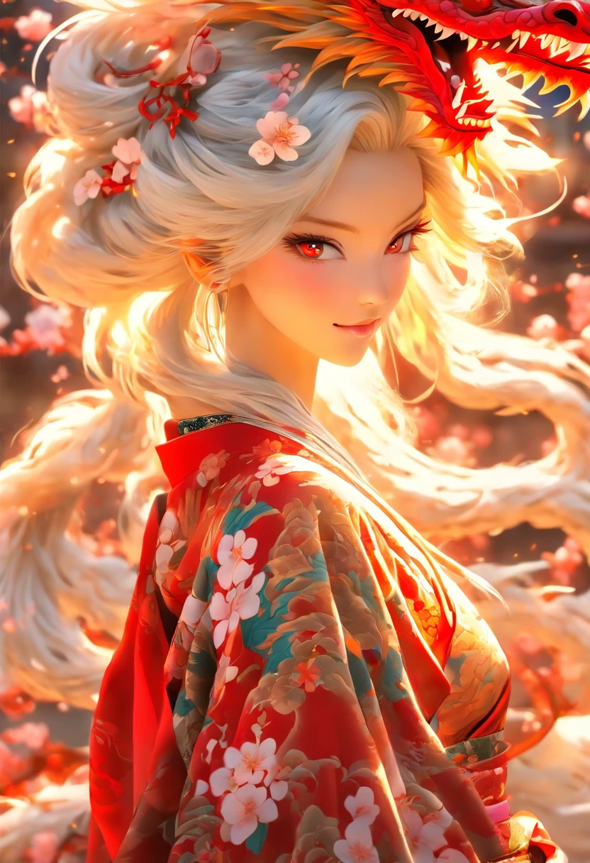 The most beautiful and sexy dragon princess, long white hair, red eyes, wearing the most beautiful and highly detailed kimono, tons of tattoos and piercings, cherry blossoms blowing in the wind, highly detailed background, perfect masterpiece, high quality, high resolution