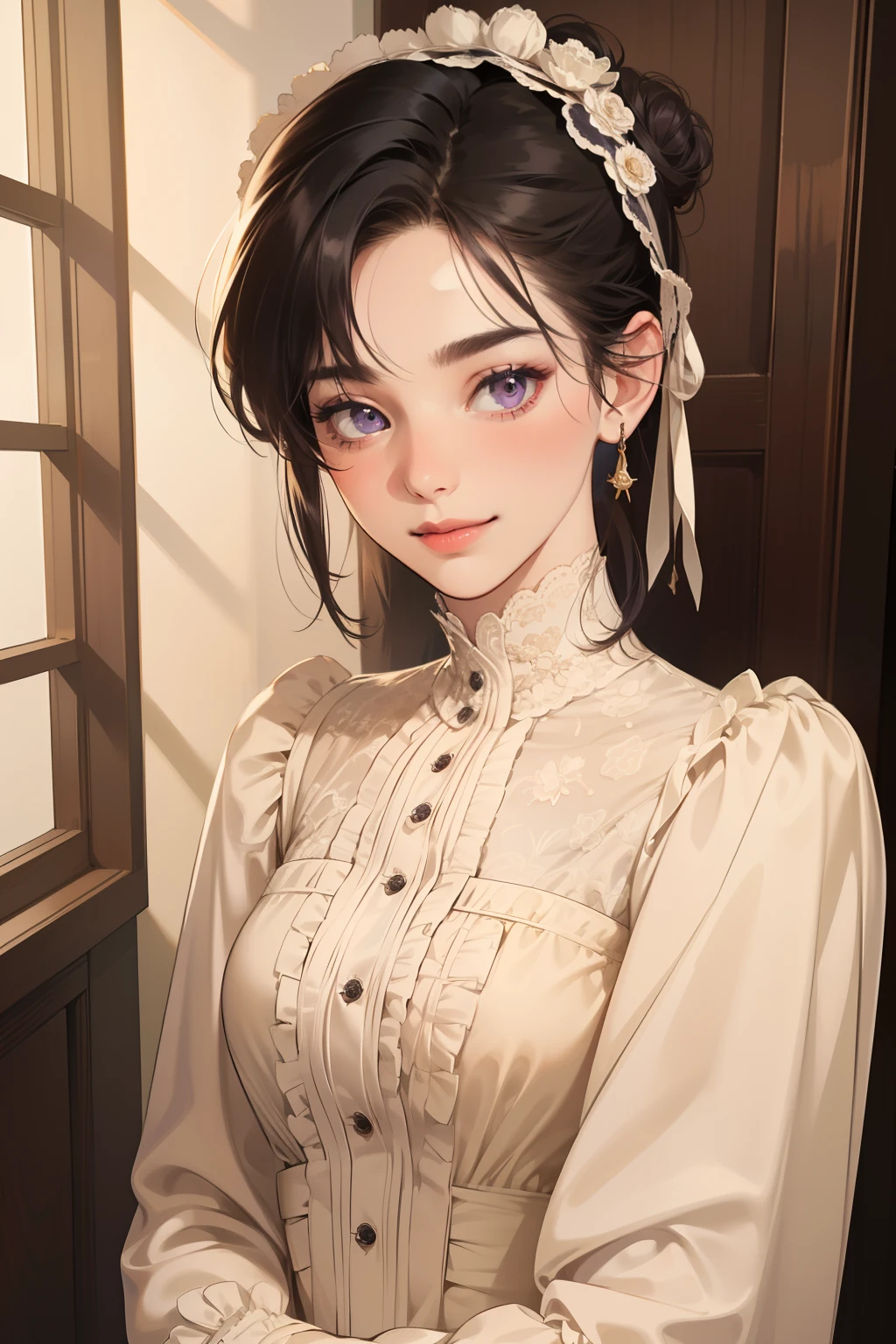 masterpiece, best quality, realistic, mature female, cute, 25 years old, closed mouth, portrait, extremely detailed face, soft smile, (dark purple eyes), ((with single black hair bun), ((front bangs hair)), [thin eyebrows], ((Victorian female clothe)), ((cream color cloth)) no makeup, light smile, ear blush, light blush, short eyelashes, 4k, full body