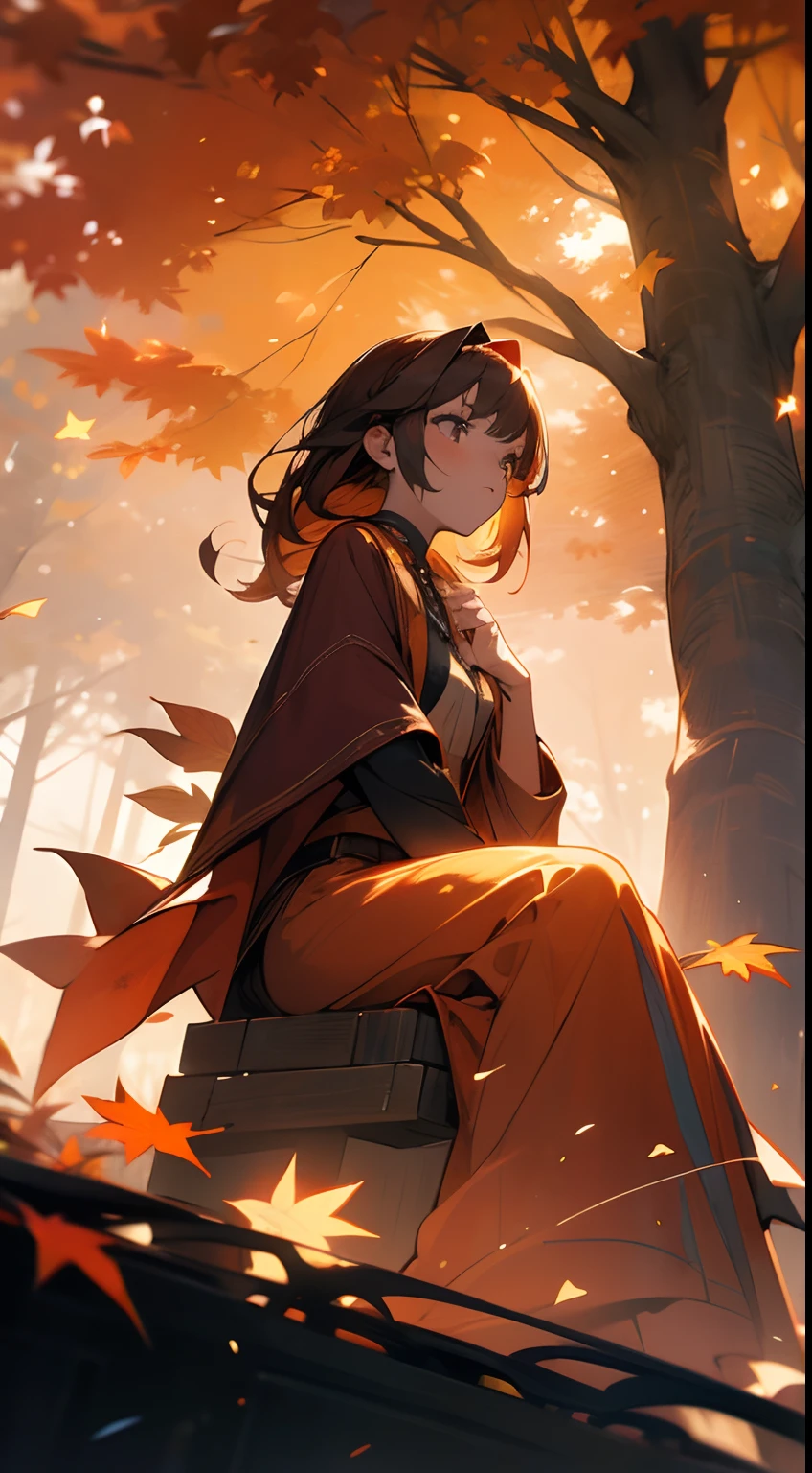 masterpiece, best quality, 1girl, cute girl, cute, autumn, fall, leafs, sunset, particles,magic, cozy, sitting at the tree, 
dramatic light, beautiful lights,4k, gorgeous, cinematic,