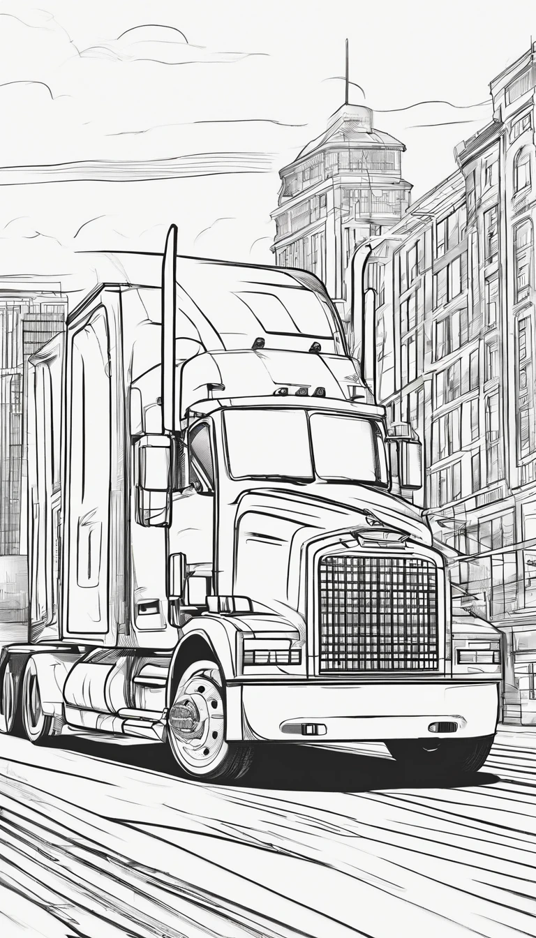 1983 FREIGHTLINER FLC in a city Coloring book, estilo dos desenhos animados, linhas finas, sem cor, fundo branco, strokes only