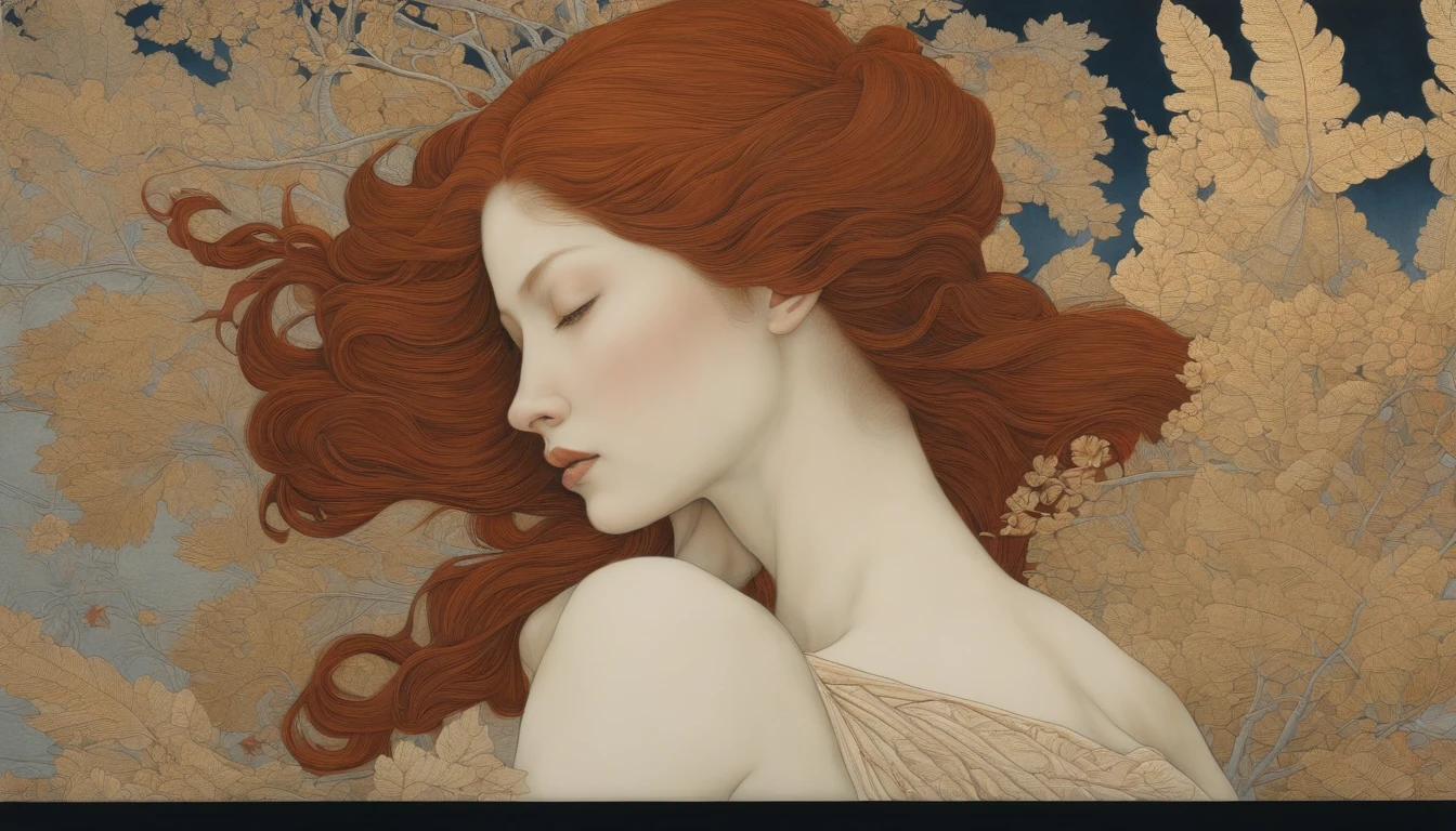 hay una mujer pelirroja sentada en una cama, inspirado en Hans Baldung, flora borsi, inspirado en Hans Makart, pelo rojo hasta la cintura, inspirado en Hans Bellmer, inspirado en Jean-Auguste-Dominique Ingres, su bellmer y nadav kander, inspirado en Jean Auguste Dominique Ingres
