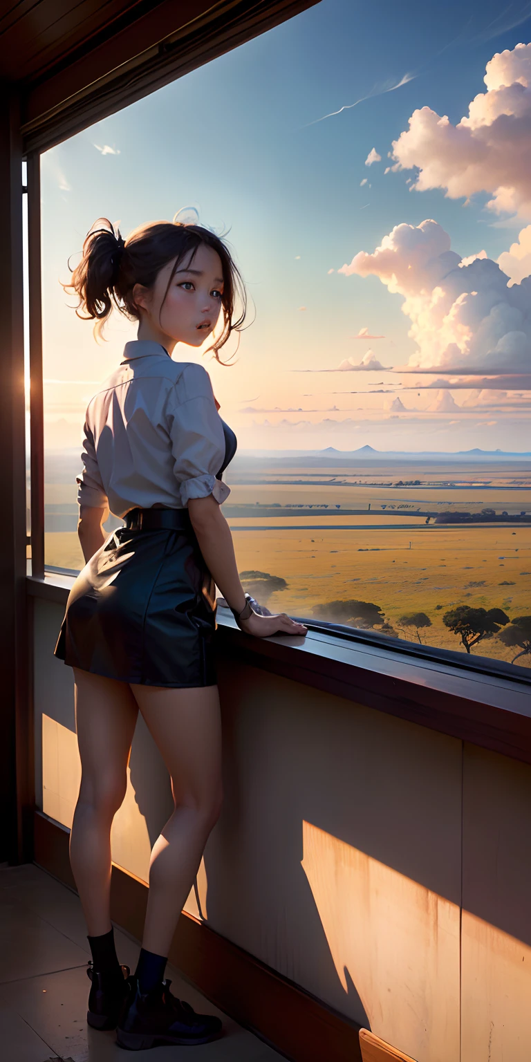 realisitic,, I see big clouds in the distant sky、African Savanna Plains、Wide View、A girl watches from far away