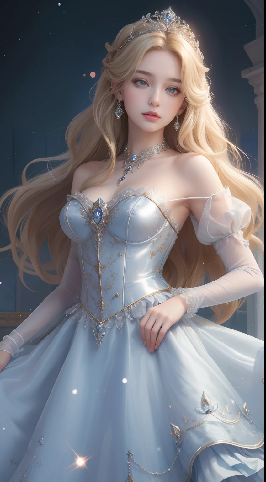 tmasterpiece，Highest image quality，Beautiful bust of a noble maiden，Delicate silver hairstyle，Clear golden eyes，Embellished with a dazzling array of intricate jewelry，Super detailed in detail，upscaled。Cinderella Girl，beautiful a girl, Princess，Little Princess，Blonde and long-haired，Glittering stars，Clear skin，16Ｋ，kawaii girl，Princess， girl，Innocent face，Princess Cinderella，Beautiful woman，Western style,European，