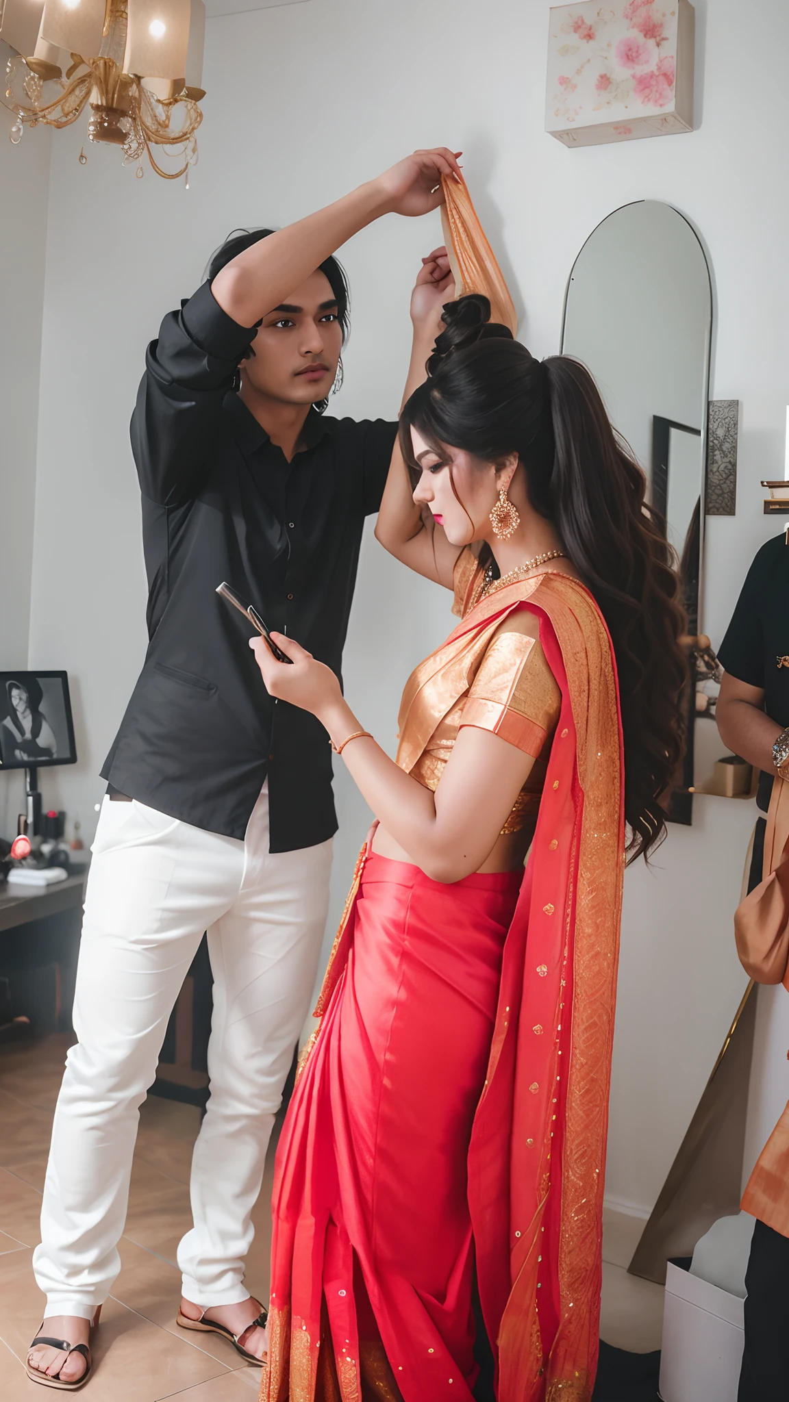 Full body shot, there is a man and woman standing in a room with a mirror, man wear shirt and white jeans, man wear shoes, women wear a saree, beautiful saree, women wear heel heels, realistic clothes, realistic dress, realistic look, behind the scenes photo, posing, candid photography, film shooting, candid picture, candid photograph, photoshoot, with professional makeup, cinematic shoot, modeling shoot, taken with the best dlsr camera, shot on canon camera, traditional makeup, very artistic pose, stylish pose, making of, photo shoot