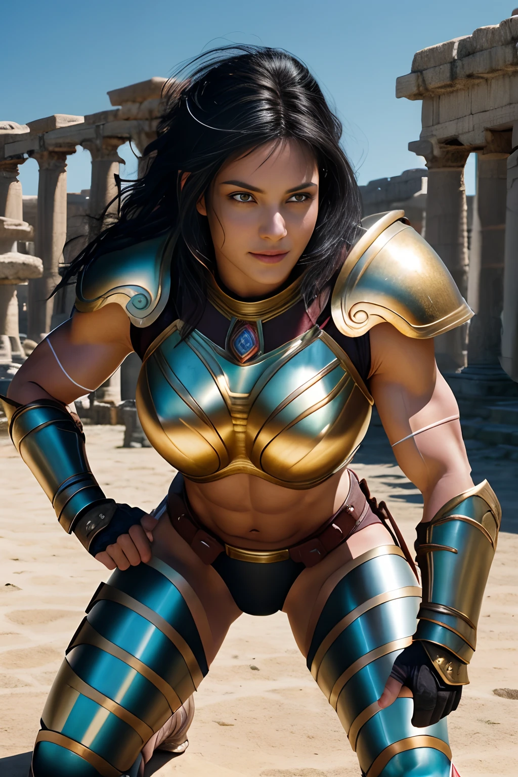 Camera Eyes:1.3, (Highest Quality:1.4), (Best Ever), (Ultra High Quality), (Ultra Realistic 8K CG), Official Art, Dynamic Pose, Crouching, Female Gladiator, Beautiful Young Female Warrior, Forehead Pad, (Alexandra Daddario:0.5), Amazingly Beautiful face, Armor and gauntlets, (Short black hair:1.2), Messy hair, Muscular_body:1.4, (Chiseled metal breastplate), Striated chest, White skin, (Shredded abs), Heavily Muscled thighs, Ancient Roman city background, Sunlight creates beautiful gradation of shadows and (light colors, light colors, light tones:1.3), low saturation, (hyperdetail:1.2), perfect anatomy, shining blue eyes, (facing camera), smiling:1.3,