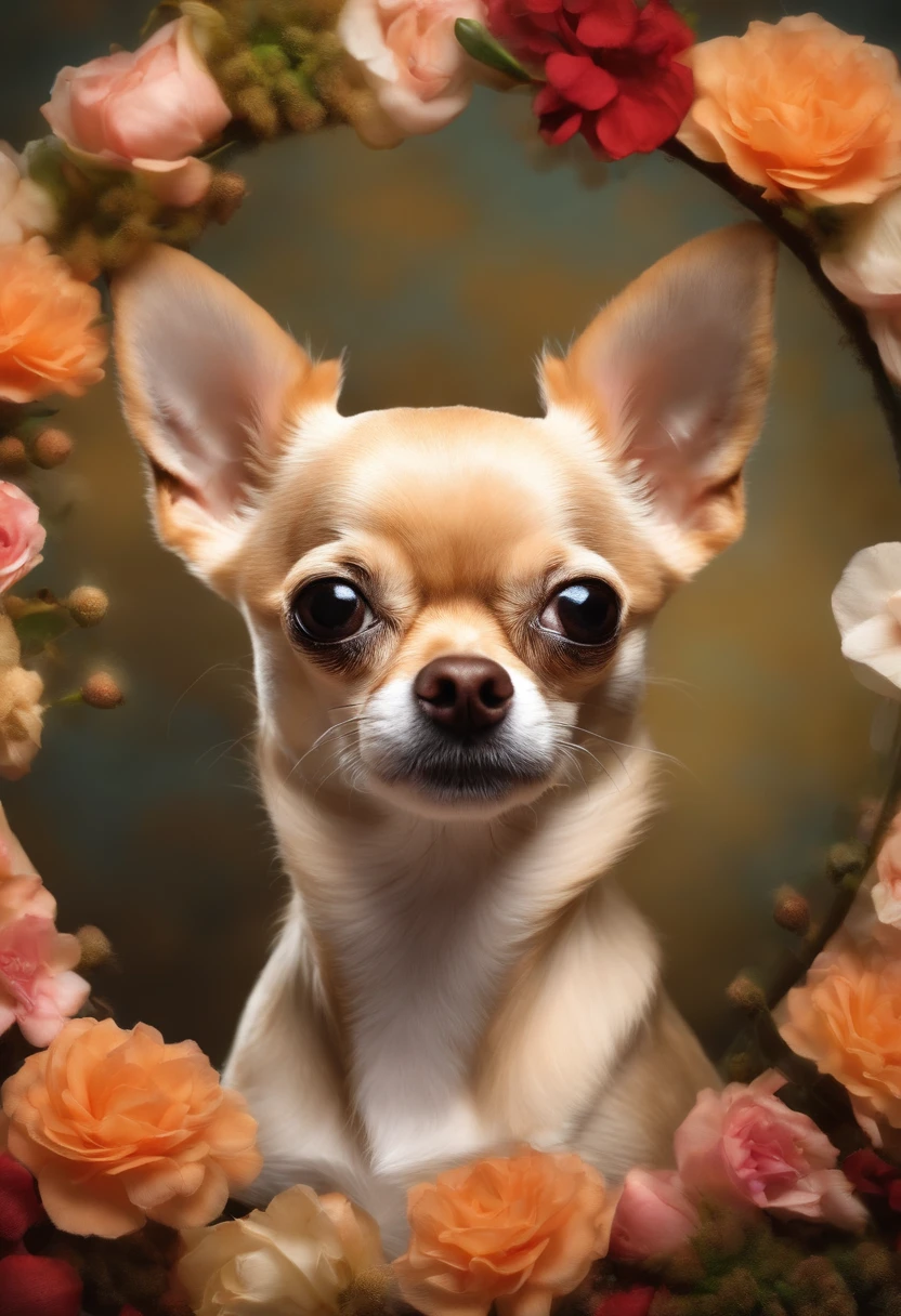 Chihuahua by the short female bow in her hair looking at herself in the mirror surrounded by flowers