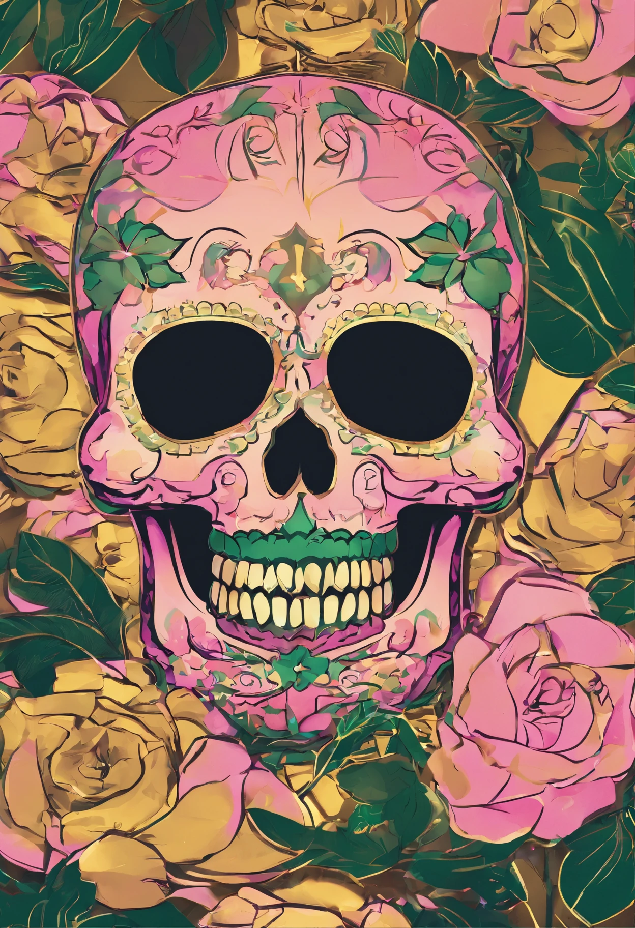 Photographic, realistic, colored Mexican skull for the Dia de los Muertos, perfect shadows, dark ambient lights, colored Mexican skull at a temple, softlike shadows, f/1.2, green flowers and yellow roses around, 3D render, Mexican Catholic Church scenario, 80mm caption, bokeh effect, best quality, true depth impression, unreal engine, bright lights from above, deep contrast, colored background, ambient lights from before, pink and green neon lights above, gold coins and silk cloth around