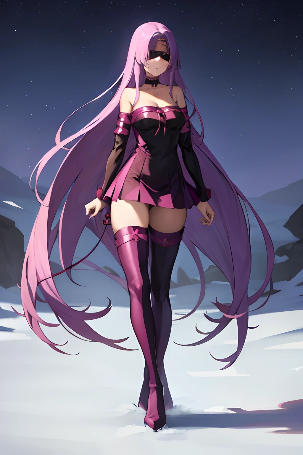 Best Quality, (masutepiece:1.2), Highly detailed,
Fate/Stay in the background, fullmoon、
Medusa_nffsw,
1girl in, Solo, Standing, Looking at the viewer, Closed mouth,
absurdly long hair, Purple hair, Floating hair,
Dress, Short dress, thighs thighs thighs thighs, Strapless, Blindfold, Detached sleeves, forehead mark, Choker, cleavage、((thigh high boots))、(thigh-high socks))