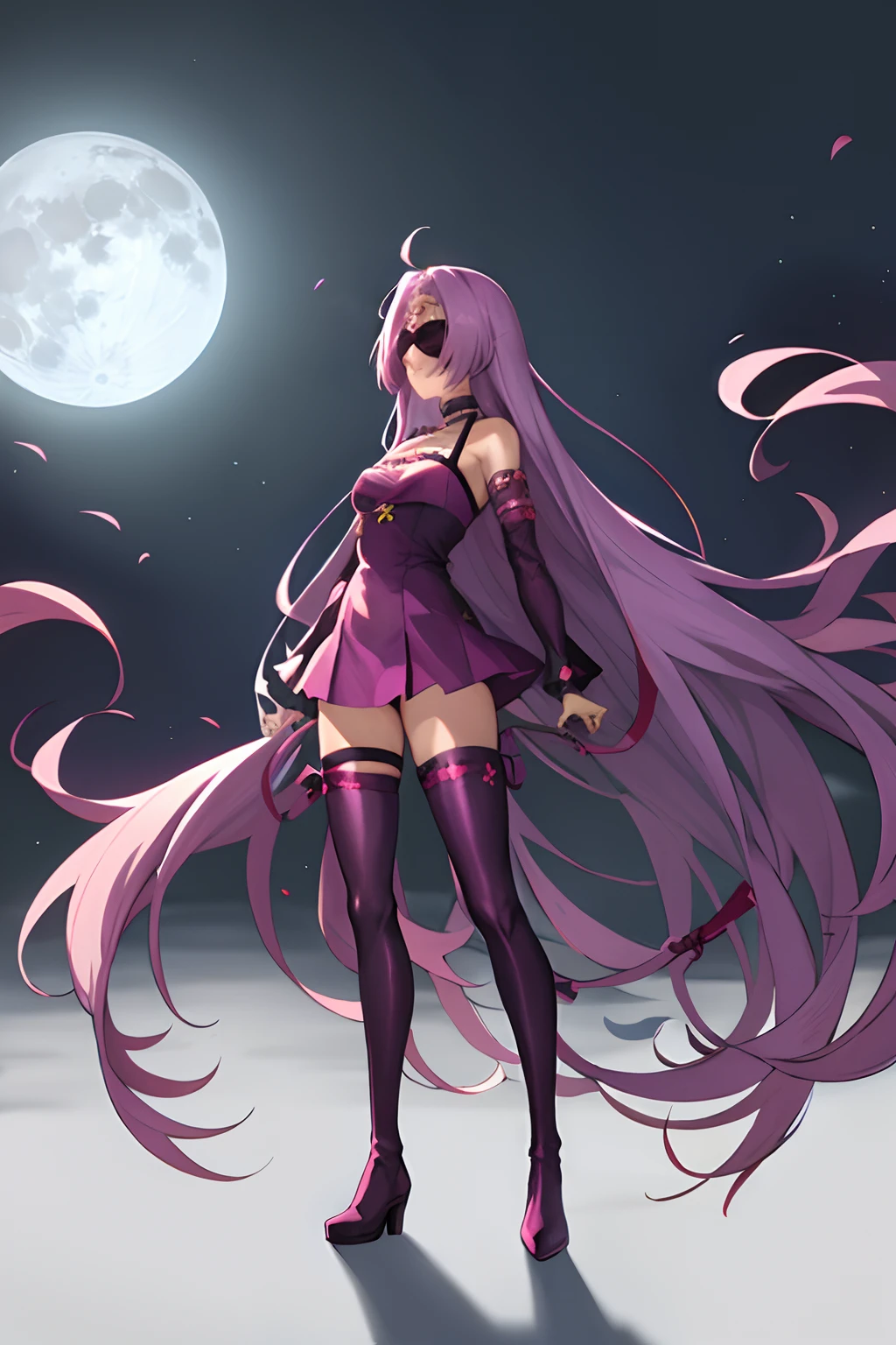 Best Quality, (masutepiece:1.2), Highly detailed,
Fate/Stay in the background, fullmoon、
Medusa_nffsw,
1girl in, Solo, Standing, Looking at the viewer, Closed mouth,
absurdly long hair, Purple hair, Floating hair,
Dress, Short dress, thighs thighs thighs thighs, Strapless, Blindfold, Detached sleeves, forehead mark, Choker, cleavage、((thigh high boots))、(thigh-high socks))