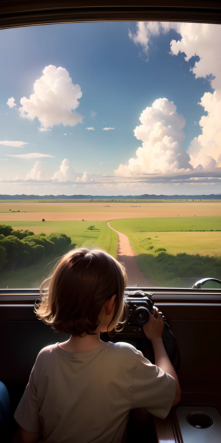 realisitic，, I see big clouds in the distant sky、African Savanna Plains、Wide View、 girl watching from a distance