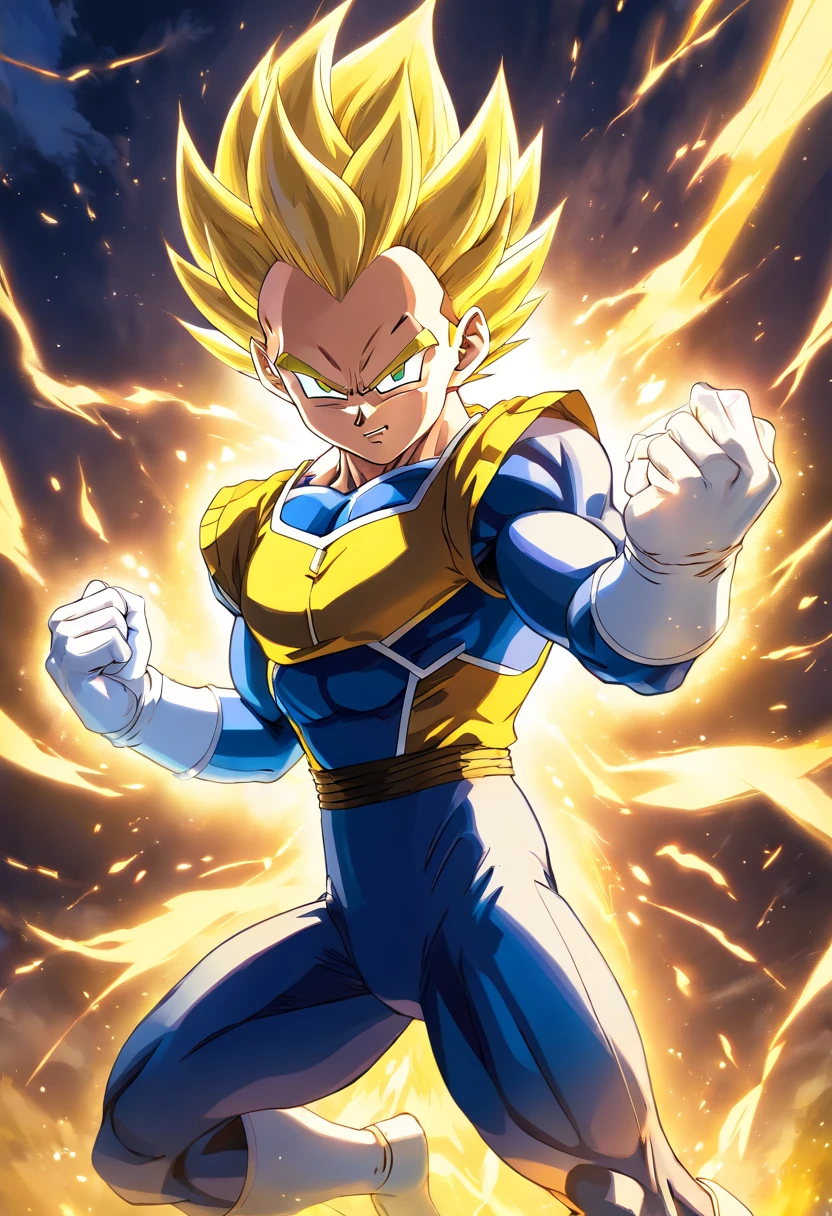(a detailed illustration of Vegeta super saiajyn wrapped in a yellow energy, corpo inteiro, estilo de Akira Toriyama, alta qualidade, fundo detalhado, dynamic action, intense expression)