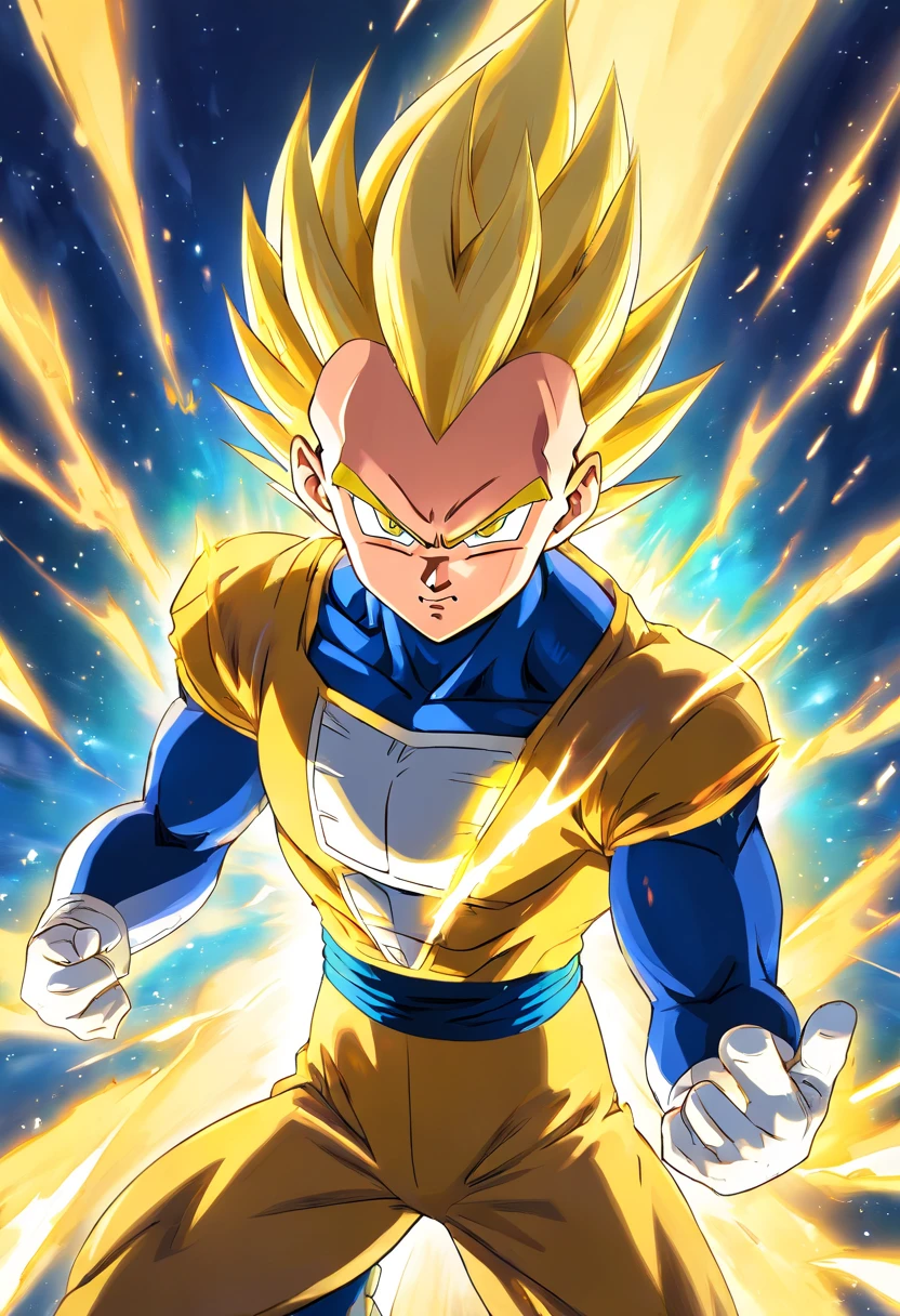 (a detailed illustration of Vegeta super saiajyn wrapped in a yellow energy, corpo inteiro, estilo de Akira Toriyama, alta qualidade, fundo detalhado, dynamic action, intense expression)