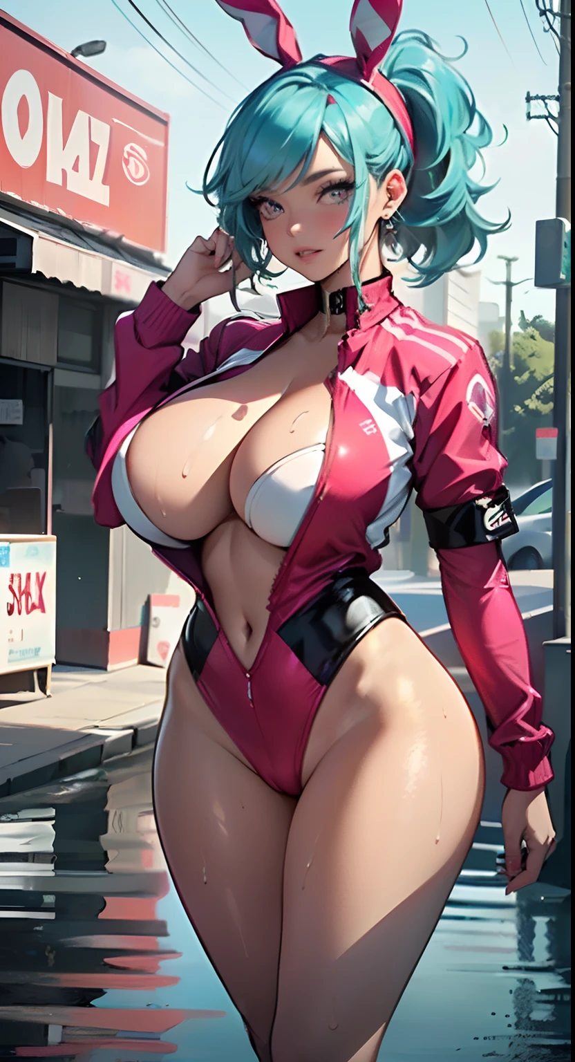 cute bunny girl,(((1girl))),((bunny girl with extremely cute and beautiful aqua hair)),(((bunny girl,anthro furry cute,bunny-girl))),(((bunny ears,bunny ears on head,big bunny ears))),
(large breasts:1.4),saggy breasts,(((aqua ponytail hair:1.35,colored inner hair,ear breathing,large hair))),(((heterochromia:1.5,eye1 aqua,eye2 yellow))),intricate eyes,beautiful detailed eyes,symmetrical eyes,big eyes:1.3,((fat)),(((lustrous skin:1.5,bright skin: 1.5,skin tanned,shiny skin,very shiny skin,shiny body,plastic glitter skin,exaggerated shiny skin,illuminated skin,wet legs))),(spider lower abdomen,narrow waist,wide hip,athletic body,inflated legs,delicate detailed fingers,detailed body,human hands,(detailed face)),
cute,slutty,seductive,erotic,(((nsfw))),
(((pit girl uniform)))(magenta pit girl suit unbuttoned),((magenta clothes)),(((huge cleavage))),cleavage cutout,((wet clothes,intricate outfit,intricate clothes)),
(dynamic pose:1.0),solo focus,embarrassed,(centered,scale to fit dimensions,Rule of thirds),
cyberpunk city by the ocean at night, with bright neon signs and dark stormy clouds and puddles, scenery:1.25,
highres, sharp focus, (ultra detailed, extremely detailed), (photorealistic artwork:1.37),(extremely detailed CG unity 8k wallpaper),((synthwave background theme)),(((vibrant colors))),(intricate background),(masterpiece),(best quality),