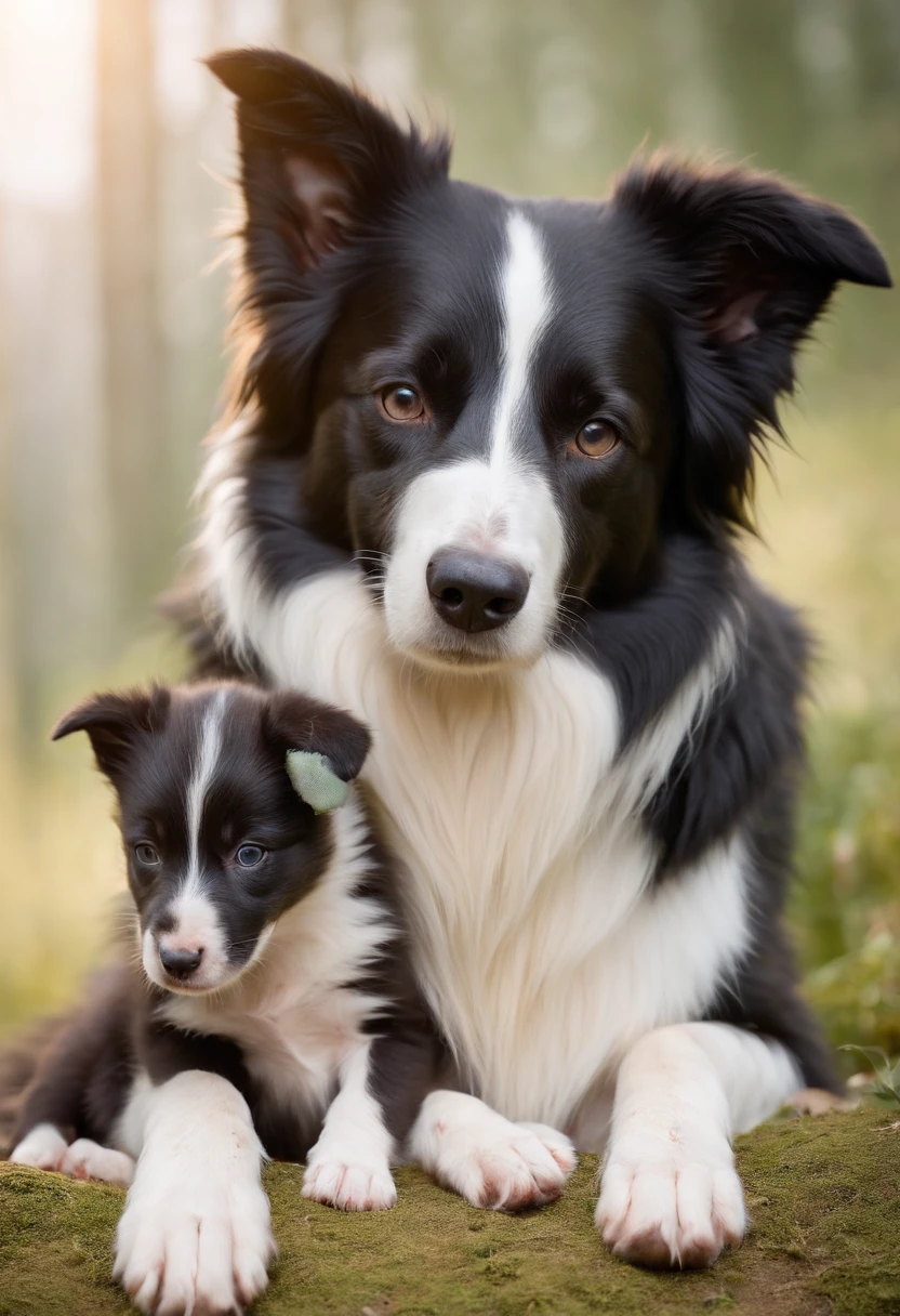 make a mother Border Collie nursing her puppies in a cozy environment.