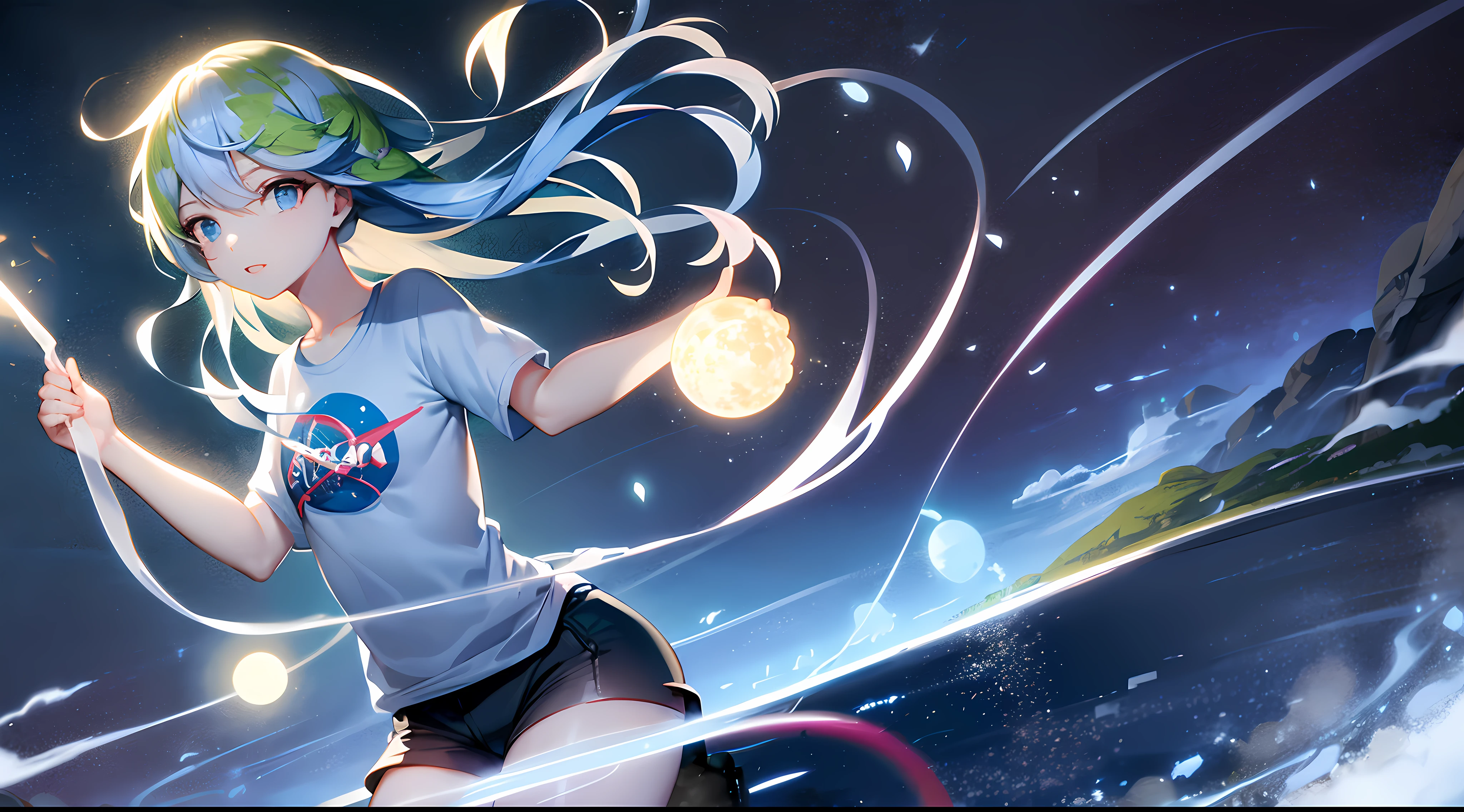 2D, master part, best quality, anime, Rosto altamente detalhado, olhos altamente detalhados, BLUE EYES ,Antecedentes altamente detalhados, perfect lighting, corpo inteiro, 1girl, sozinho, terra-chan, camiseta, seios pequenos, space, terra \(planeta\)