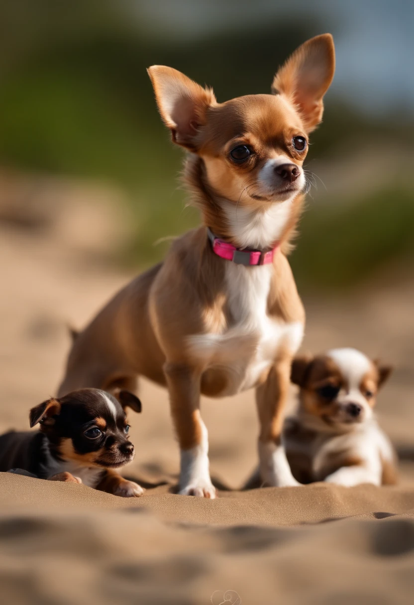 Brown female chihuahua with three puppies playing on a beach
