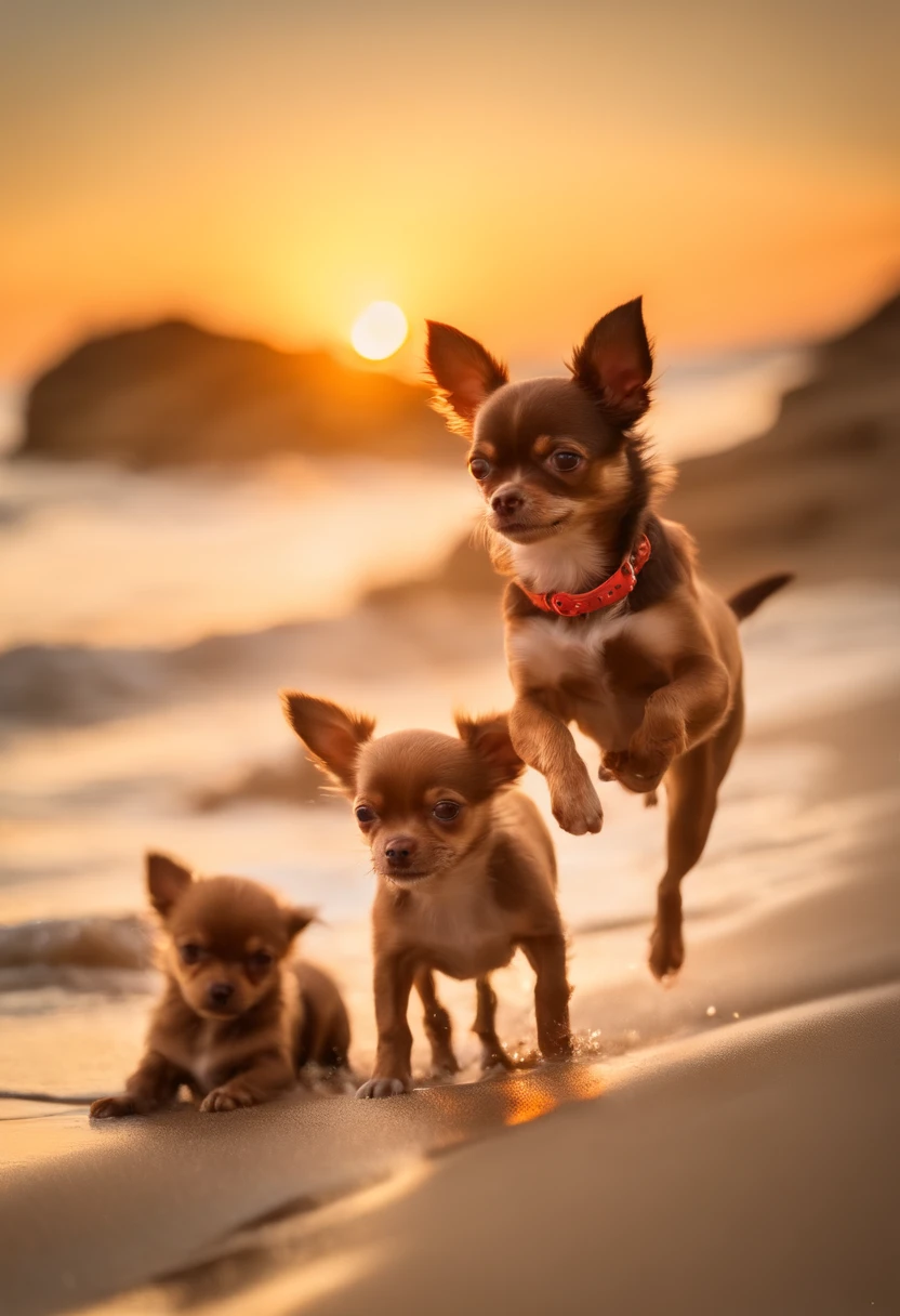 Brown female chihuahua with three puppies playing on a beach