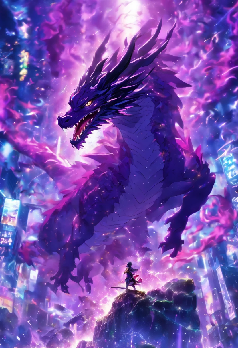 (a-purple-themed,18K resolution,altamente detalhado,master part:1.2),um jovem sinistro vestindo um manto branco,segurando uma espada brilhante roxa,poisonous substances in the air,with a faint ghostly silhouette of a purple dragon hovering over its head.