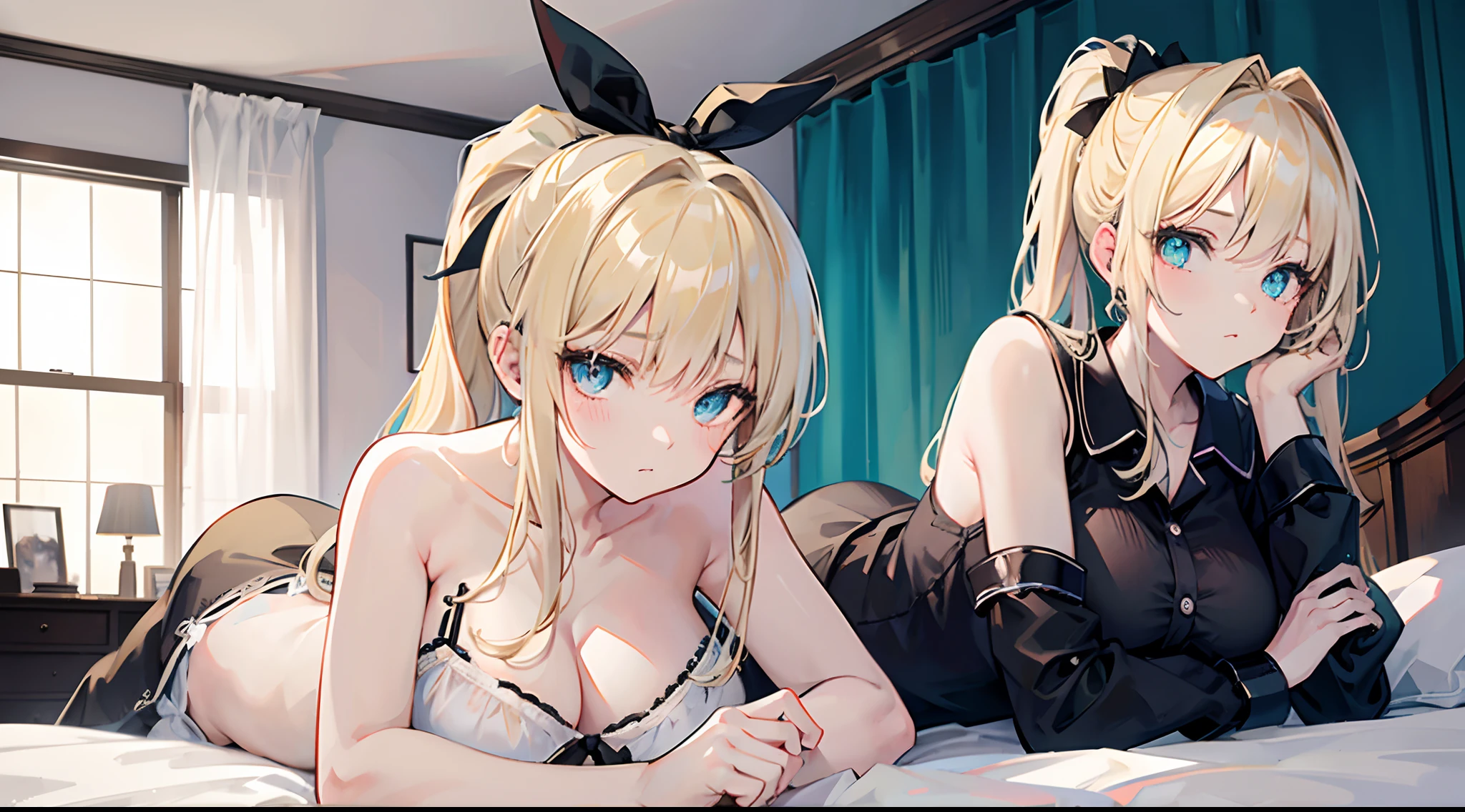 An 18-year-old woman with blond hair, turquoise eyes, large , ponytail hair tied in a black bow, wearing pajamas, lying on a bed.