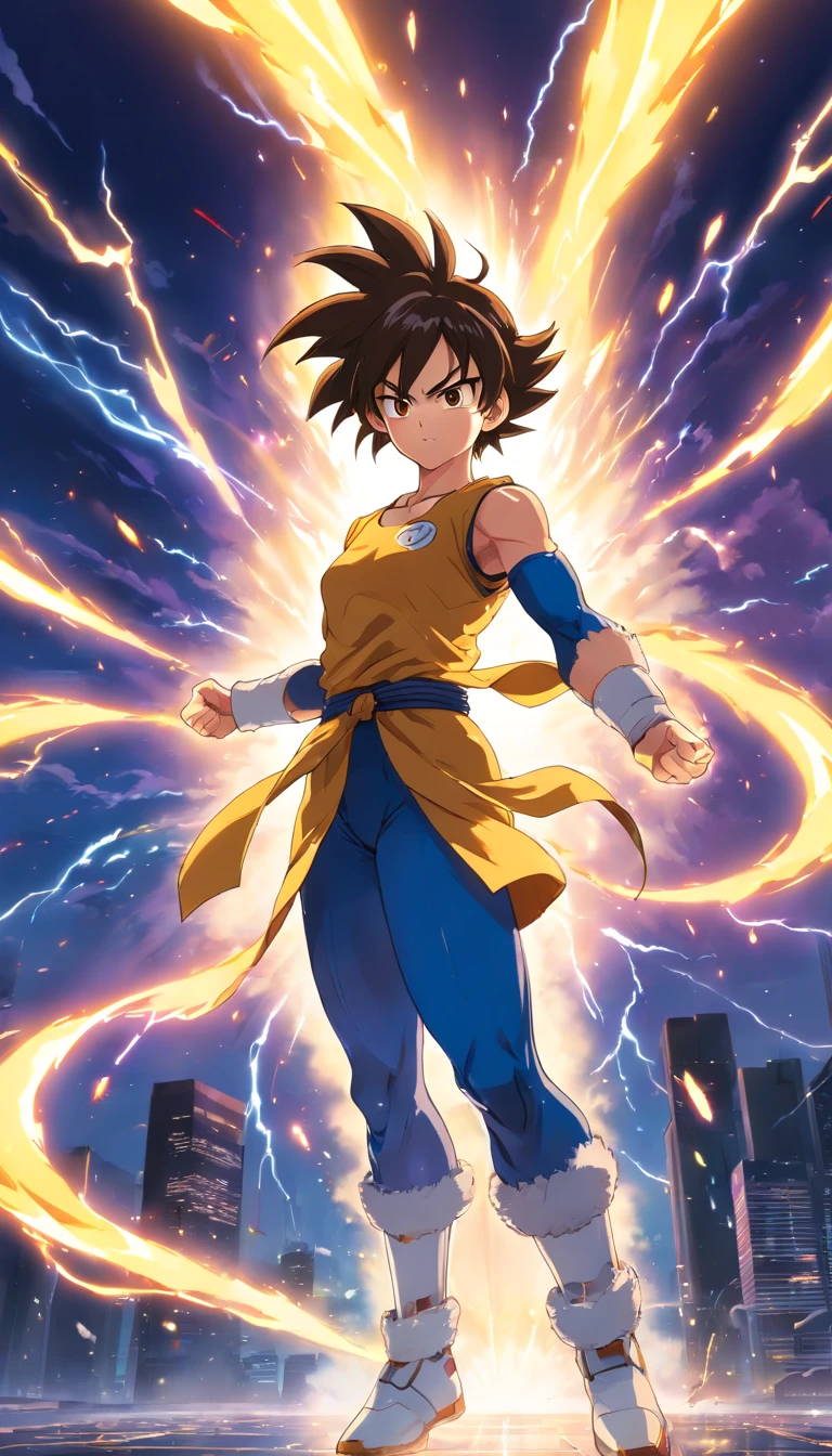 (best quality,highres,masterpiece:1.2),detailed illustration,Vegeta Super Saiyan,wrapped in a yellow energy,full body,Akira Toriyama style,ultra-fine painting,sharp focus,physically-based rendering,extreme detail description,professional,dynamic action,intense expression,highly detailed muscles,radiating power,yellow aura,fiery sparks of energy,glowing eyes,rippling hair,fierce determination,surrounded by energy bolts,explosive background,in the midst of a powerful attack,energetic pose,dramatic lighting,amazing power and strength,gravity-defying movements,engaging viewer's attention,showcasing the character's power and intensity,creating an immersive experience,striking and captivating artwork