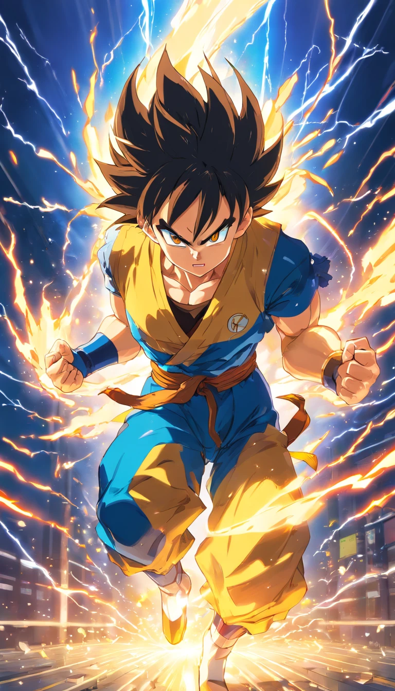 (best quality,highres,masterpiece:1.2),detailed illustration,Vegeta Super Saiyan,wrapped in a yellow energy,full body,Akira Toriyama style,ultra-fine painting,sharp focus,physically-based rendering,extreme detail description,professional,dynamic action,intense expression,highly detailed muscles,radiating power,yellow aura,fiery sparks of energy,glowing eyes,rippling hair,fierce determination,surrounded by energy bolts,explosive background,in the midst of a powerful attack,energetic pose,dramatic lighting,amazing power and strength,gravity-defying movements,engaging viewer's attention,showcasing the character's power and intensity,creating an immersive experience,striking and captivating artwork