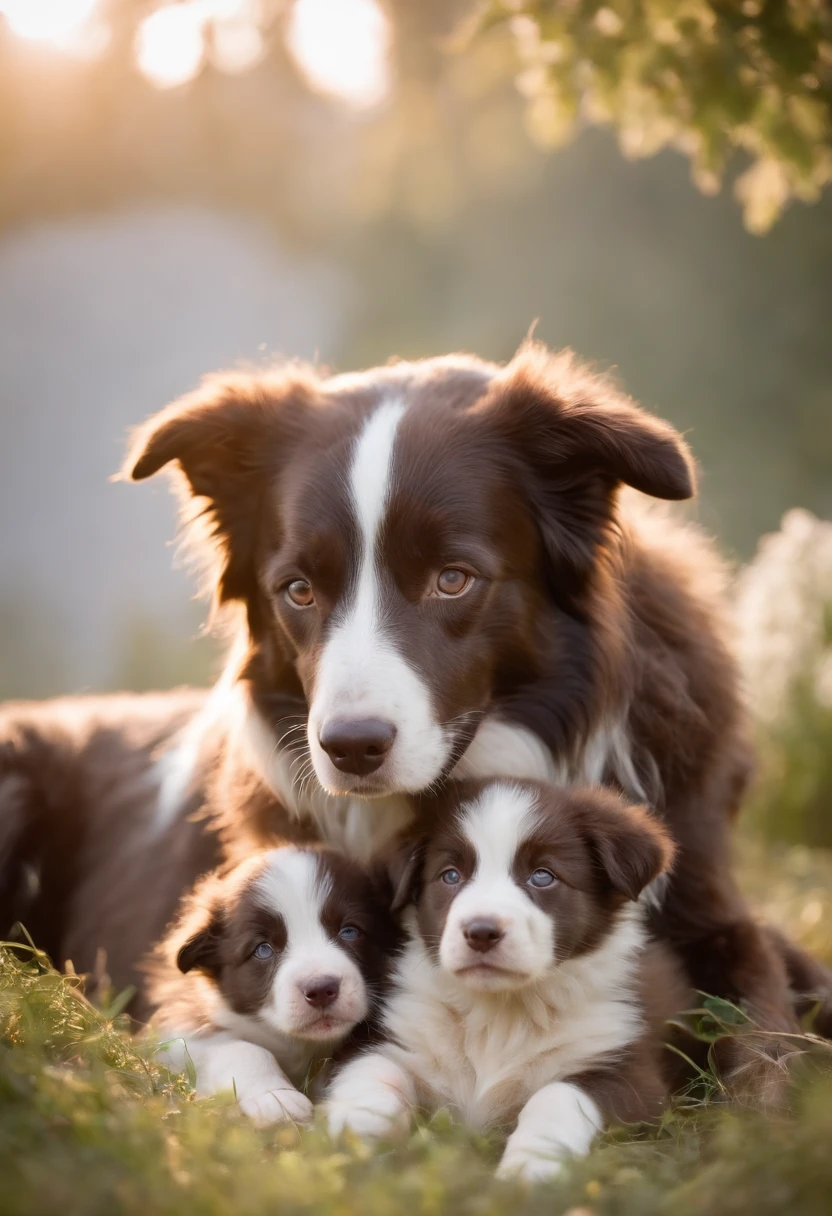 make a mother Border Collie nursing her puppies in a cozy environment put on the scene a woman with long brown hair watching this cub