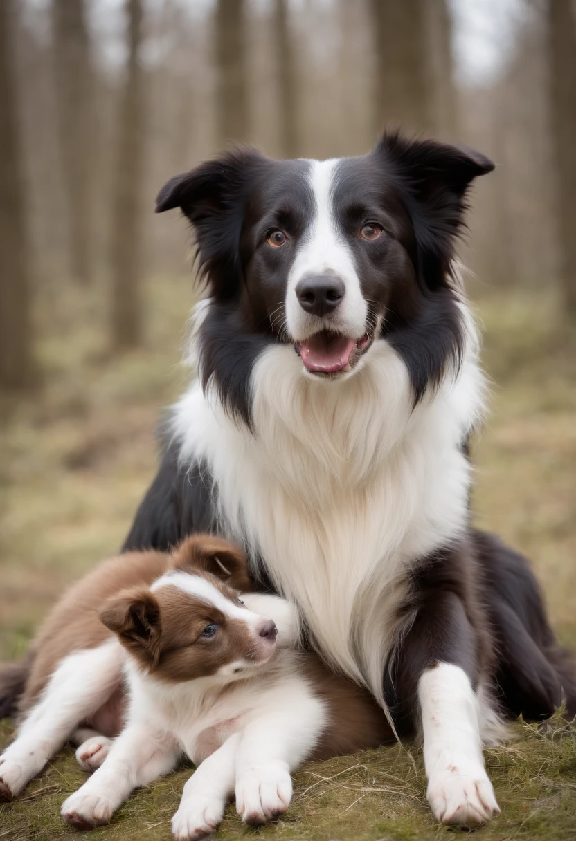 make a mother Border Collie nursing her puppies in a cozy environment put on the scene a woman with long brown hair watching this cub