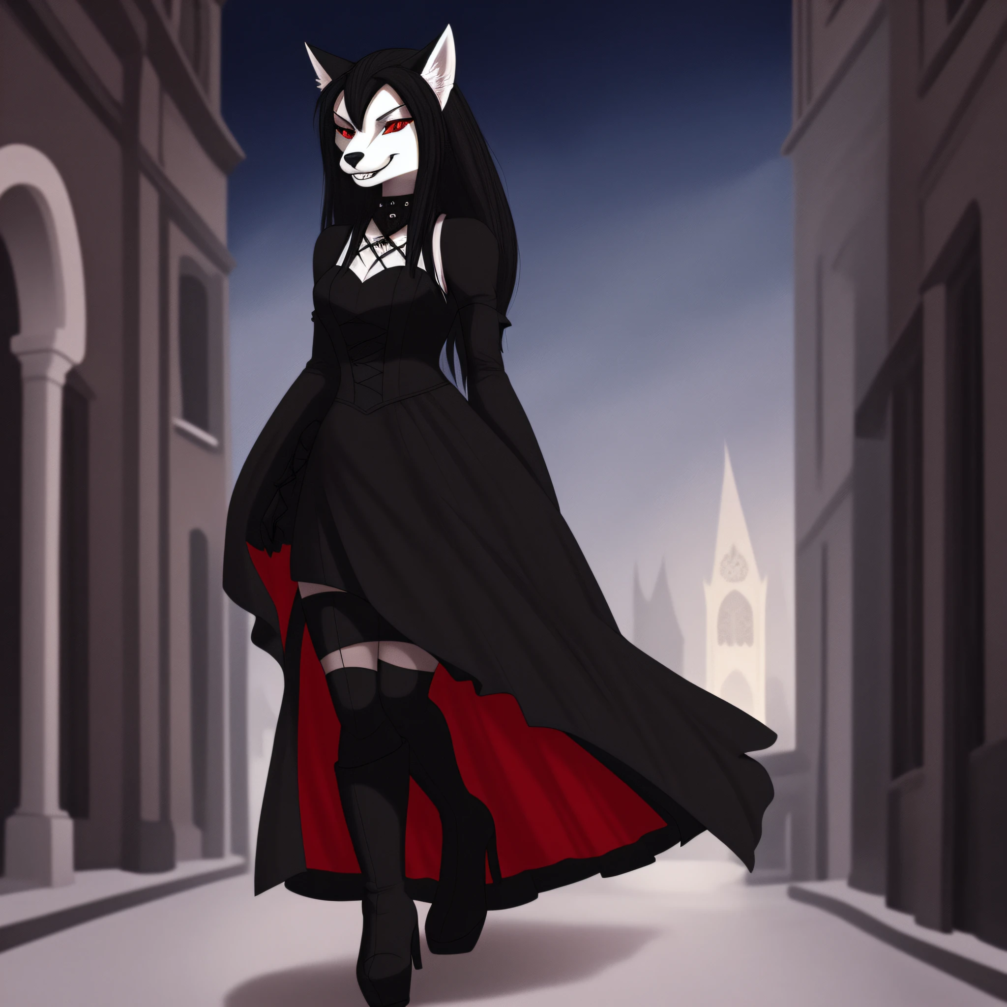 A Vampiric Female Wolf Furry with black fur, red eyes, is wearing a black gothic dress, she has two visible ivory white fangs, she has a sly grin as she walks through a Gothic Town at night alone,