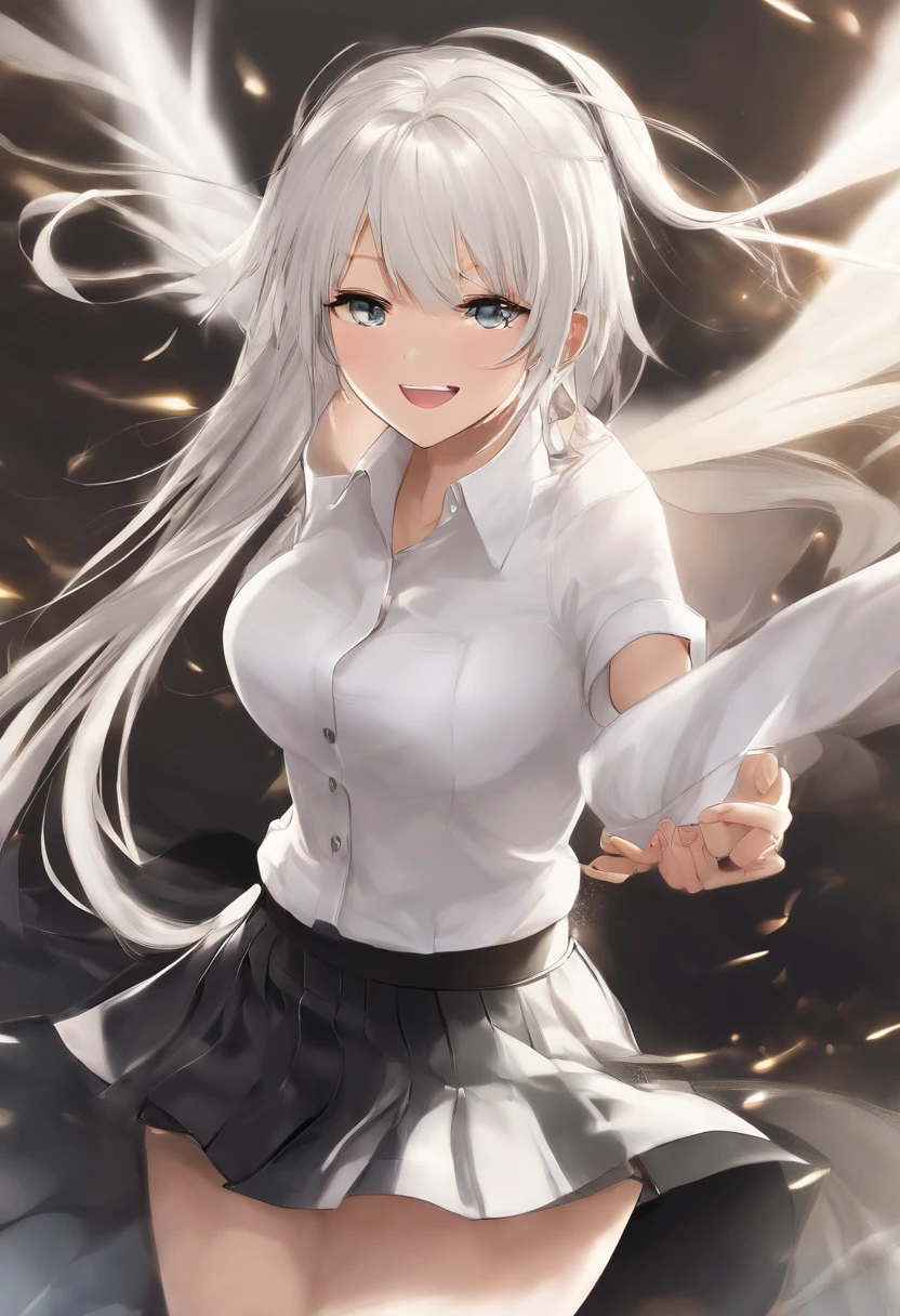 ((masutepiece, Best Quality)), (1girl in), (Solo), (female focus), (Ahoge, White hair, Very long hair), Gold eyes, lightsmile, Open mouth, ((White shirt), (Buttoned shirt), (buttonGap)), ((Black skirt), (Short skirt)), Standing, White background, arms behind back, Dynamic Angle,