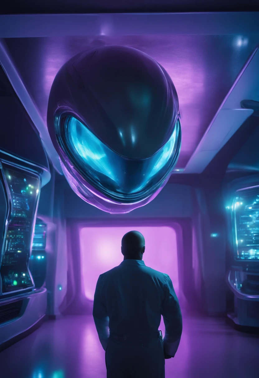 "Mix of fish-faced alien dolphins inside a futuristic medical research lab serving human alien spirit bodies, Slender-bodied alien inside alien cell regeneration room, Giant multifaceted eye alien exploring alien hologram, Alien in futuristic alien costume inside the extraterrestrial genetic healing lab, Ete-Grey pink and purple alien in innovative alien environment, alien with telepathic abilities inside the alien medical research center, Curious and affectionate hybrid alien inside the futuristic alien laboratory, alien with multiverse view through the almond pupil inside the healing alien light chamber, Alien with bio-organic appendages on an alien humanoid body at the Alien Science Laboratory, alien with telepathic texture details inside the portrait of a humanoid alien, alien exploring the alien environment with advanced 3D modeling technology, Alien in futuristic costume with surreal lighting effects inside the futuristic alien room, alien with alien cybernetic implants in an alien medical research lab, alien with digitally enhanced alien atmosphere, Blue alien with elongated head inside an alien cell regeneration laboratory."