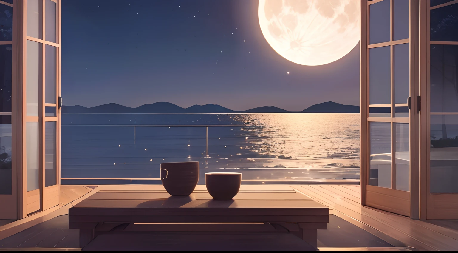 The image captures the serene beauty of a "Moon Night" - a moonlit night where the stillness of the night is reflected in its breathtaking beauty. The moonlight gently bathes the surroundings. In contrast, a quiet scene unfolds as someone silently savors a bowl of udon, sipping it without making a sound. This moment of tranquility within the night's hush evokes a sense of happiness and contentment. Real photo, 8k.